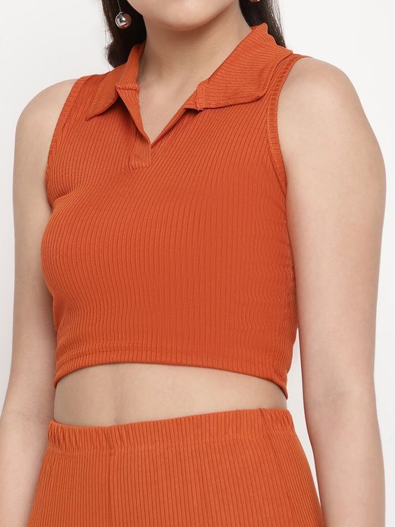 Women Orange Ribbed Sleeveless Collared Crop Top