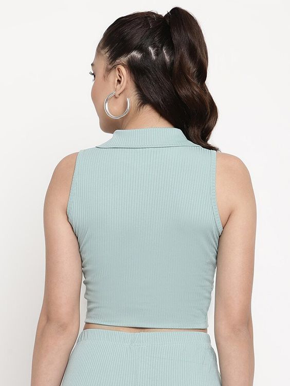 Women Sky Blue Ribbed Sleeveless Collared Crop Top