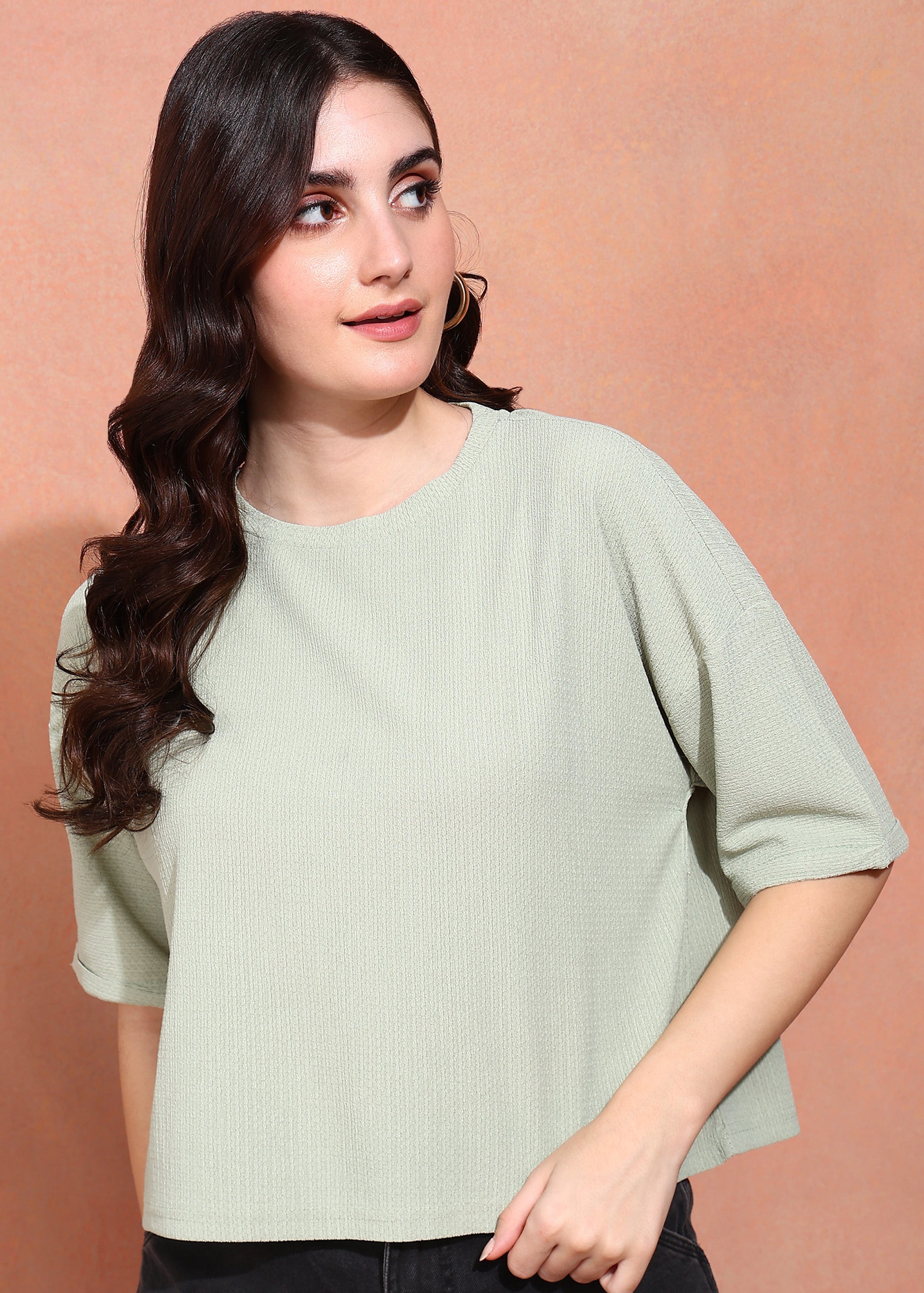 Women Green Textured Oversized Half Sleeve Top