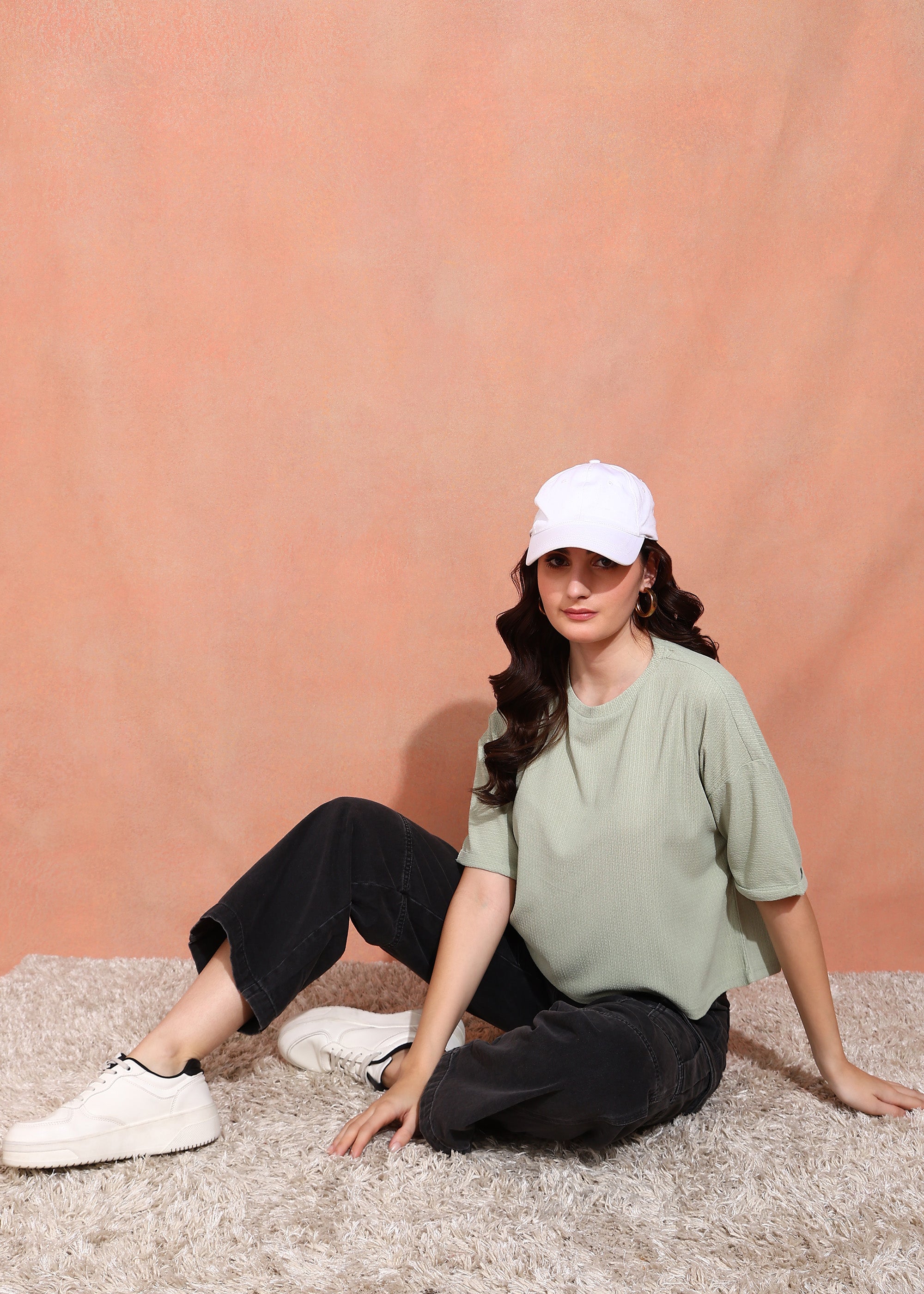 Women Green Textured Oversized Half Sleeve Top