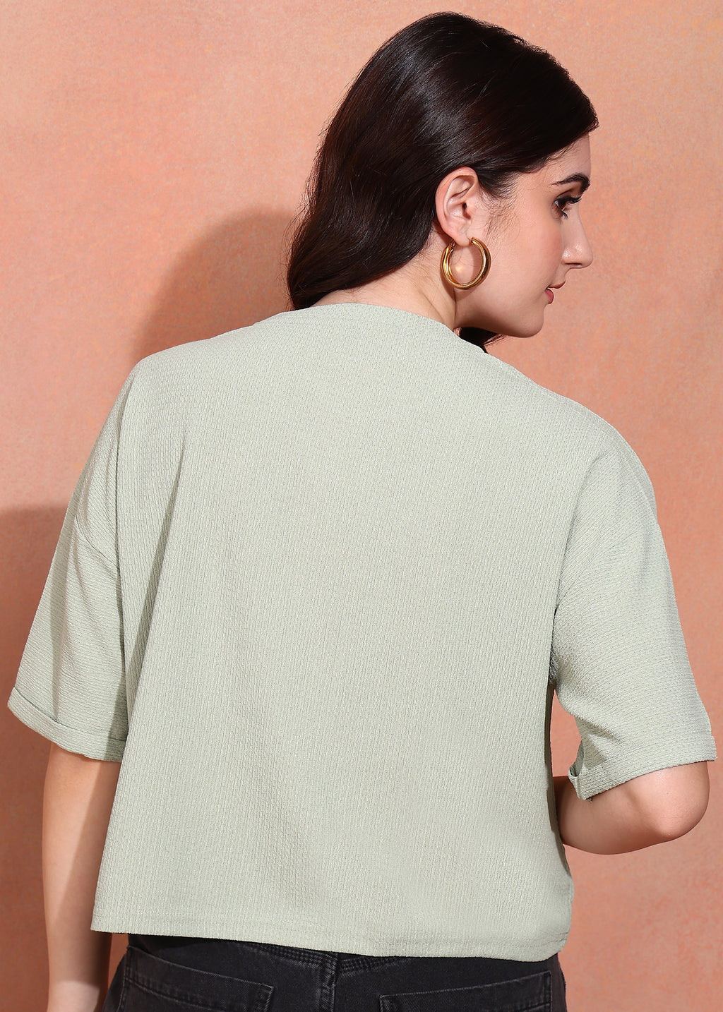 Women Green Textured Oversized Half Sleeve Top