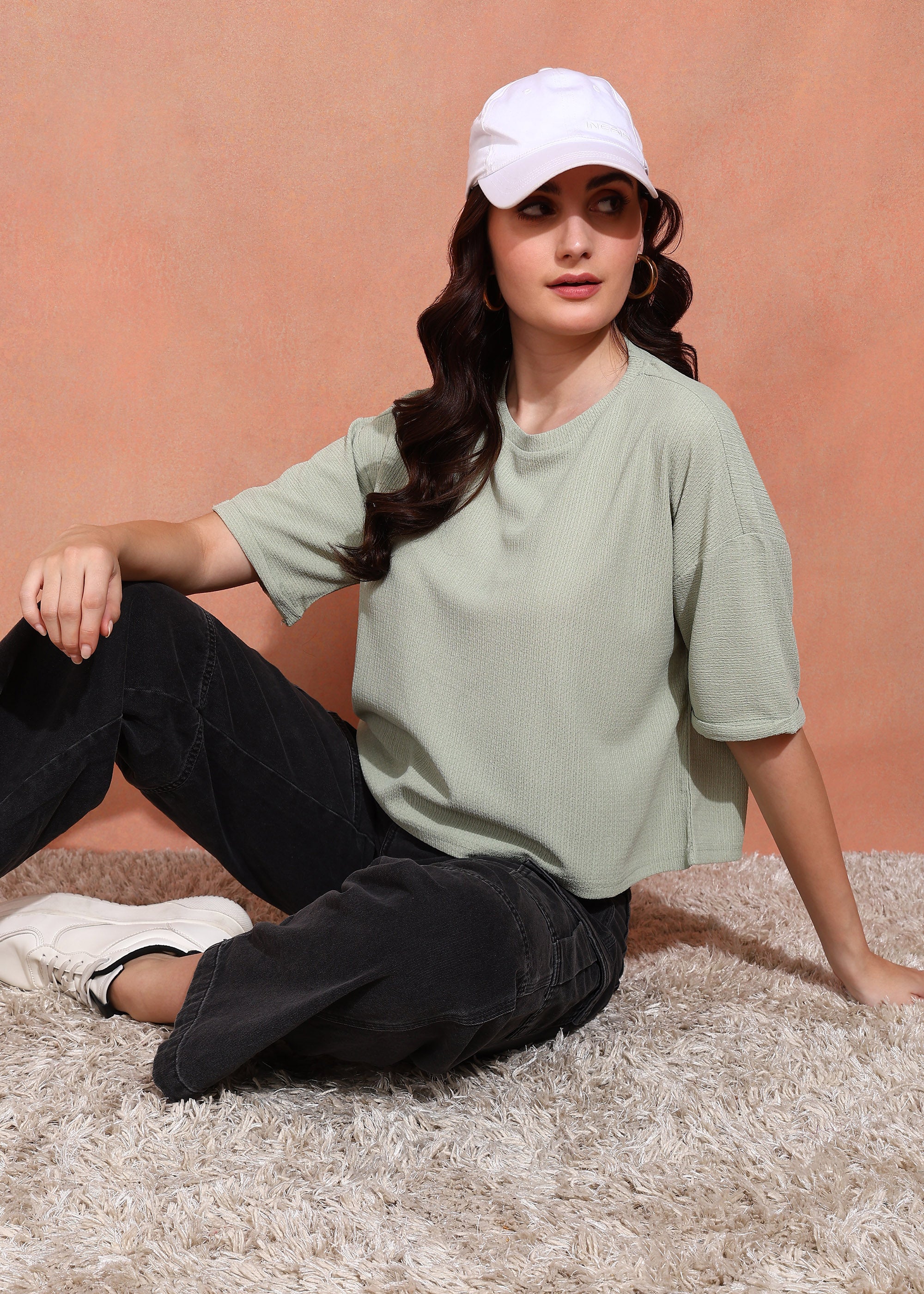 Women Green Textured Oversized Half Sleeve Top