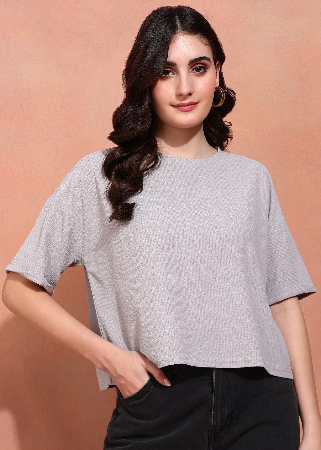 Women Grey Textured Oversized Half Sleeve Top
