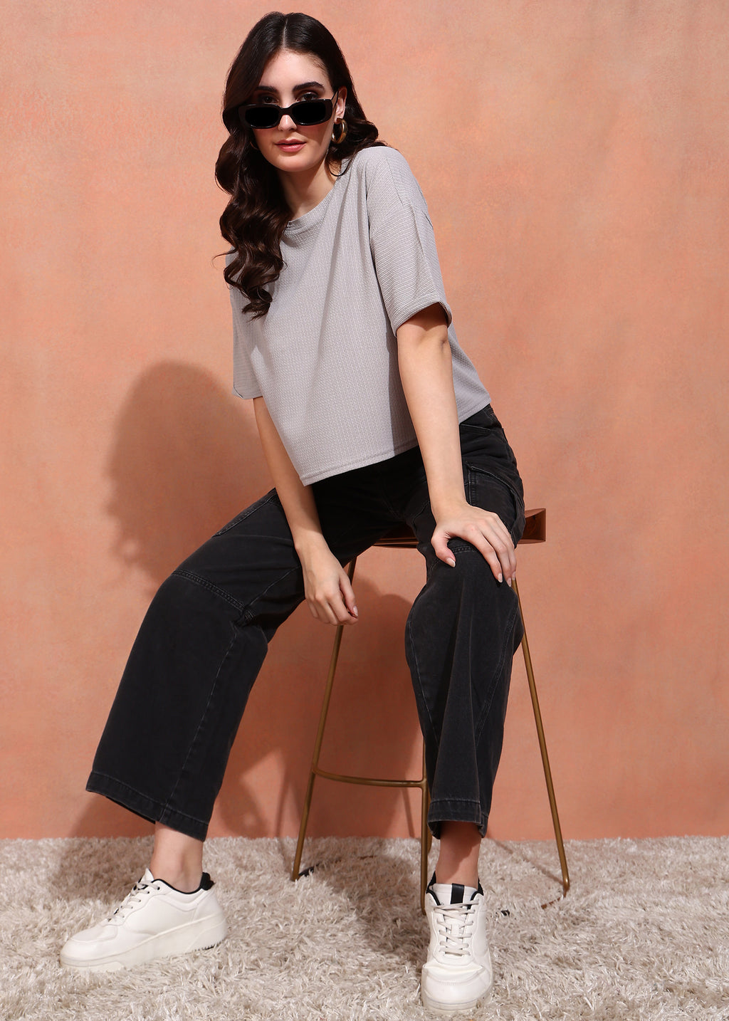 Women Grey Textured Oversized Half Sleeve Top