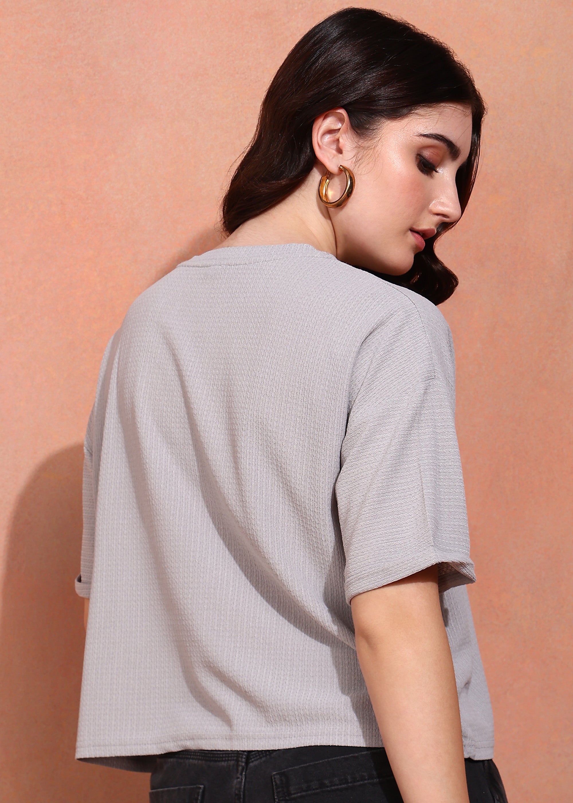Women Grey Textured Oversized Half Sleeve Top