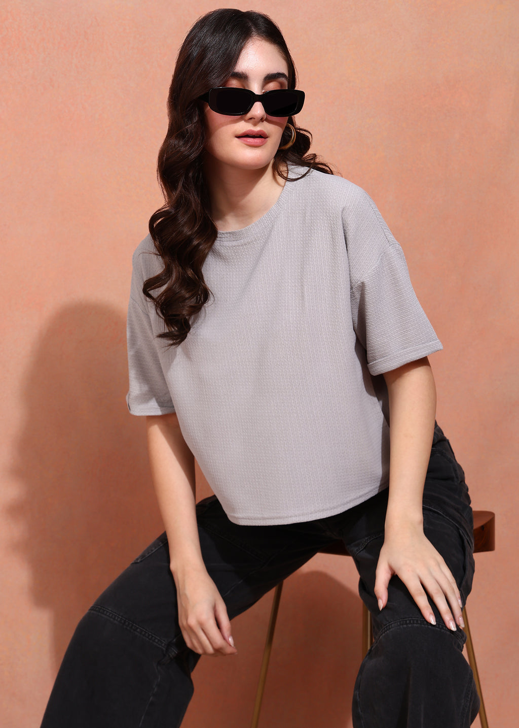 Women Grey Textured Oversized Half Sleeve Top