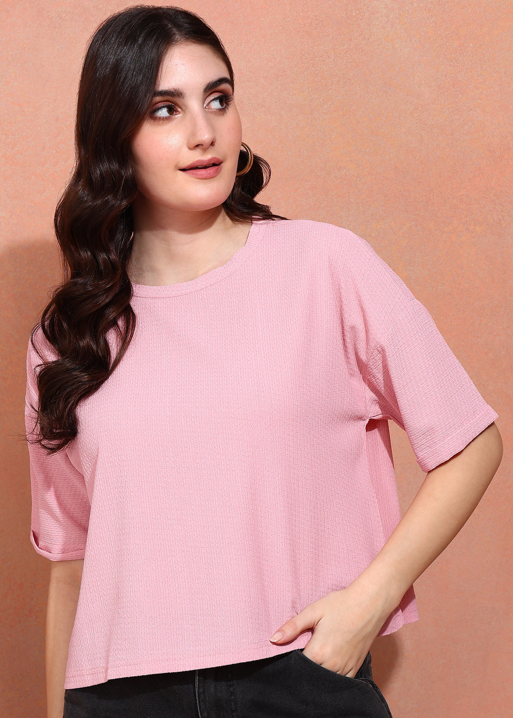 Women Pink Textured Oversized Half Sleeve Top