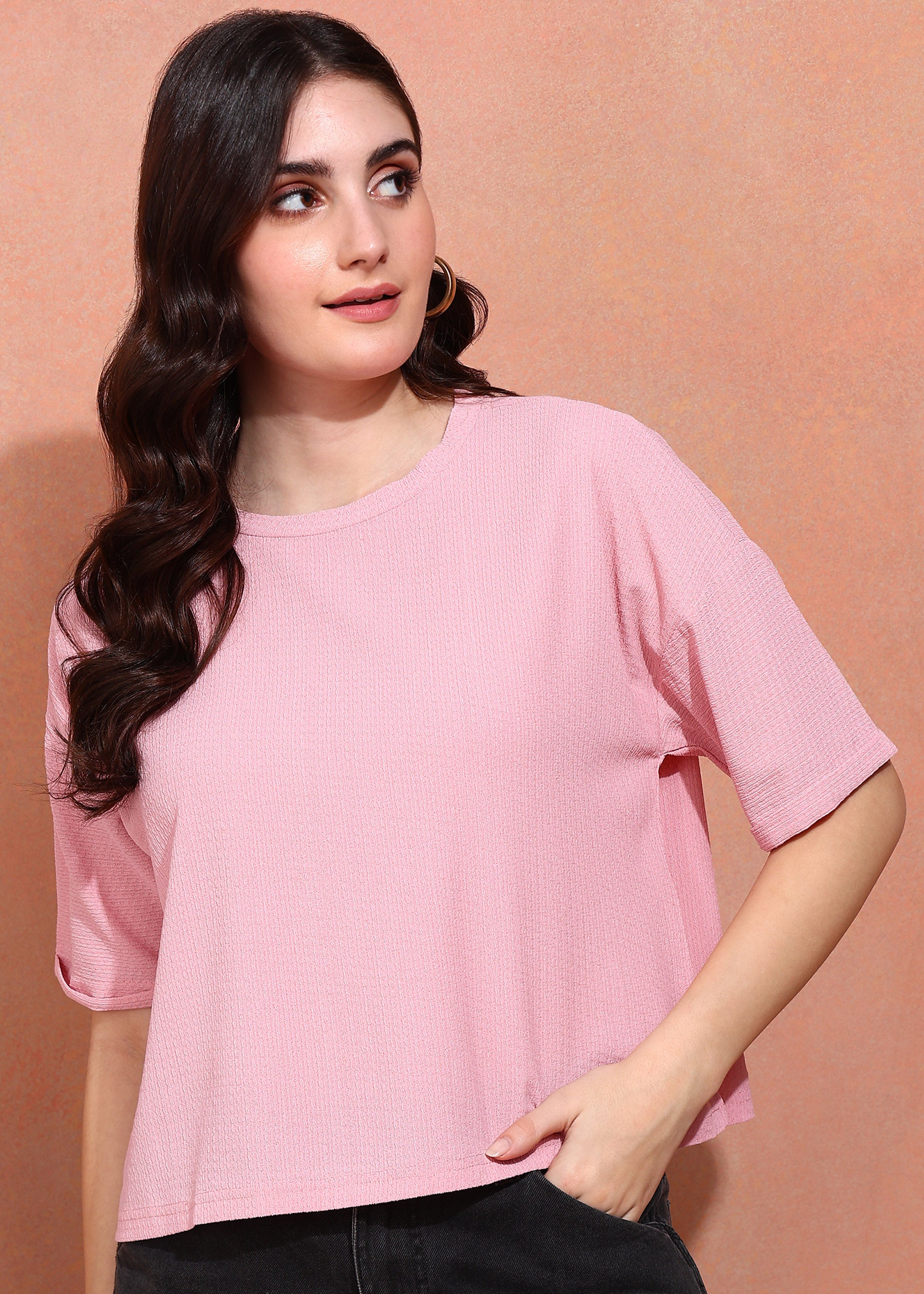 Women Pink Textured Oversized Half Sleeve Top