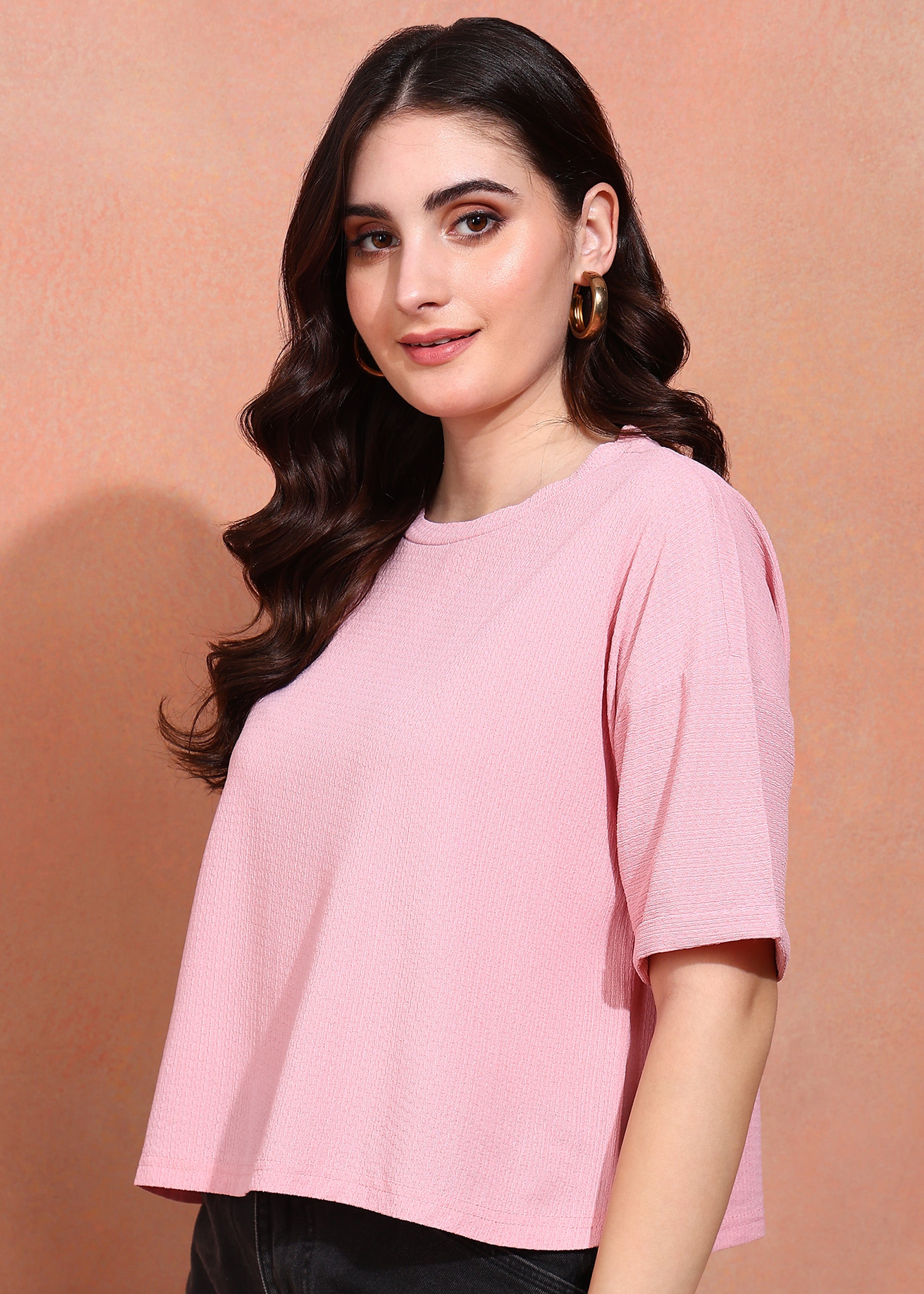 Women Pink Textured Oversized Half Sleeve Top