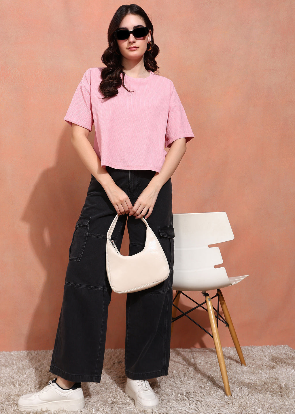 Women Pink Textured Oversized Half Sleeve Top