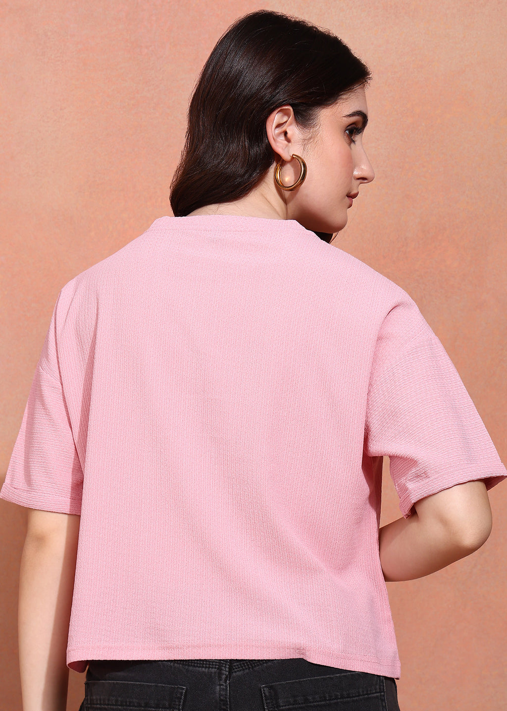 Women Pink Textured Oversized Half Sleeve Top