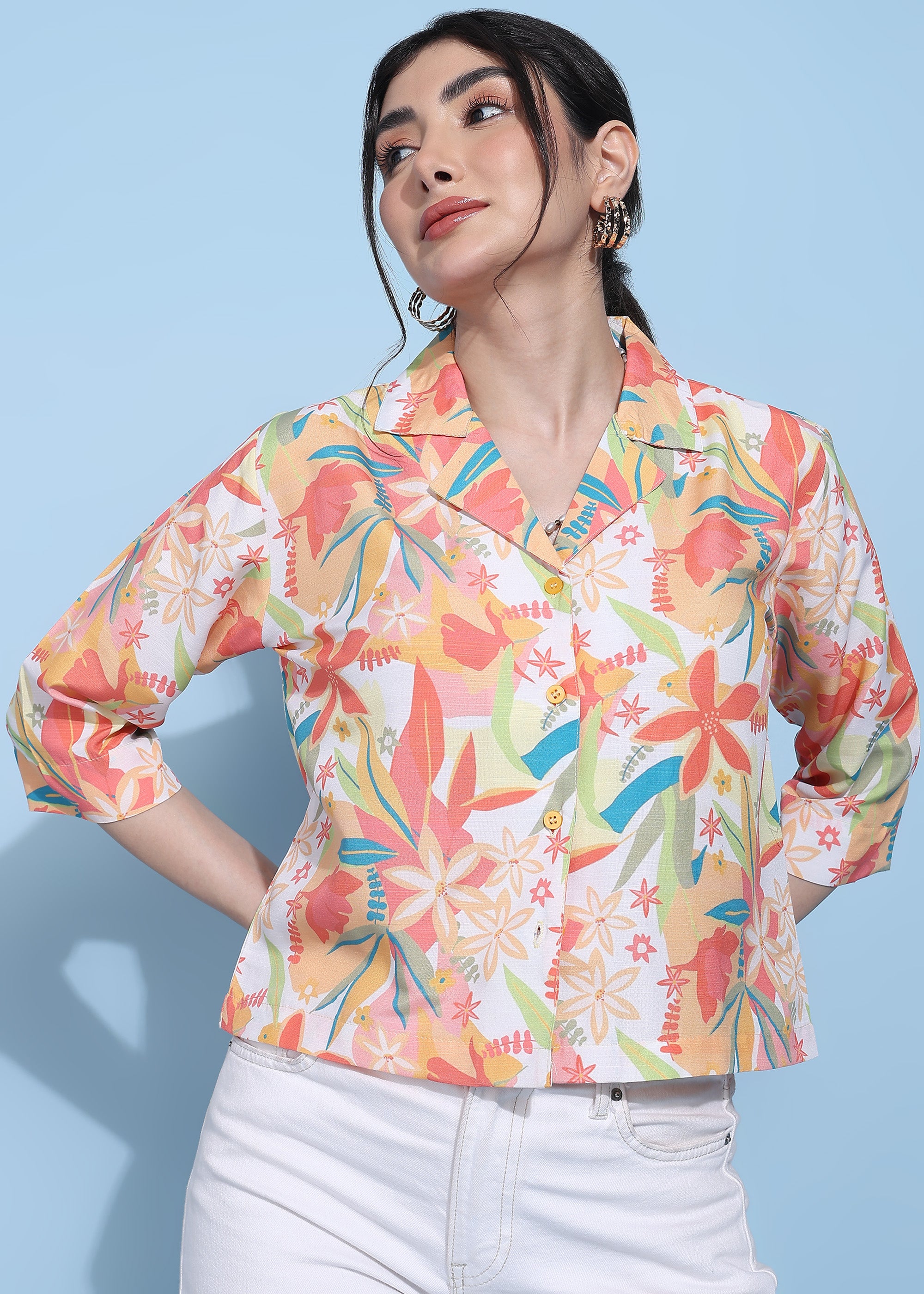 Women Multicolor Floral Printed Half Sleeve Shirt Top