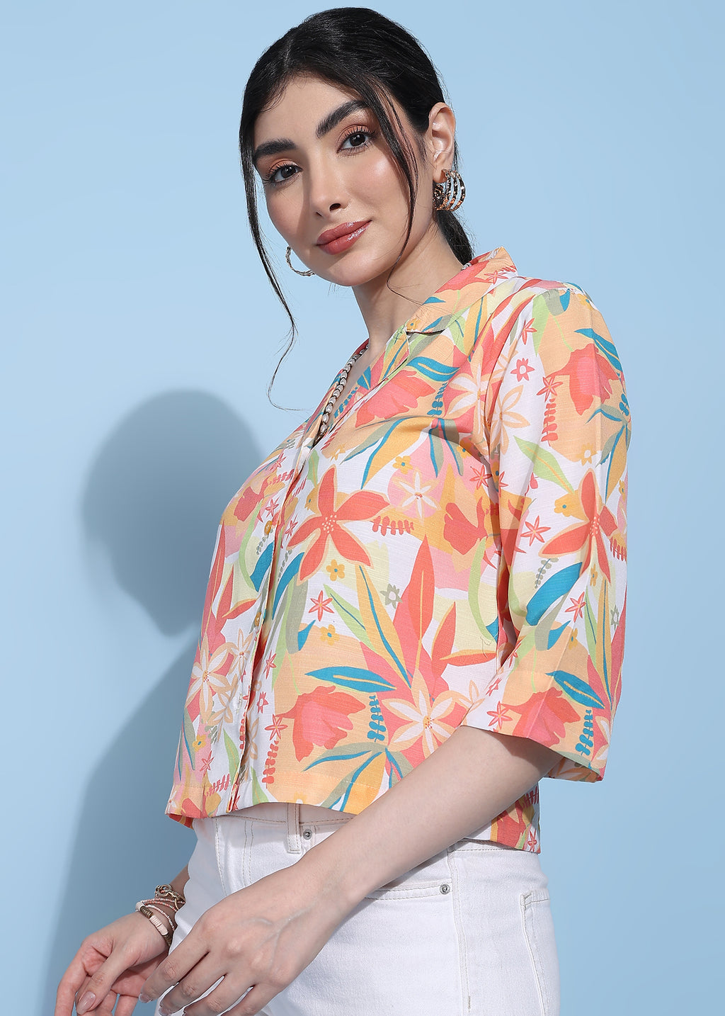 Women Multicolor Floral Printed Half Sleeve Shirt Top