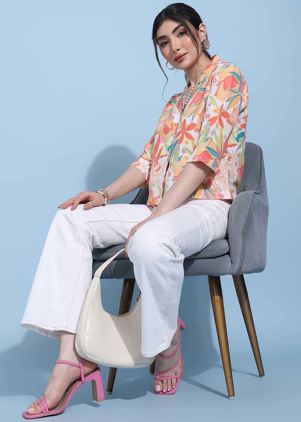 Women Multicolor Floral Printed Half Sleeve Shirt Top