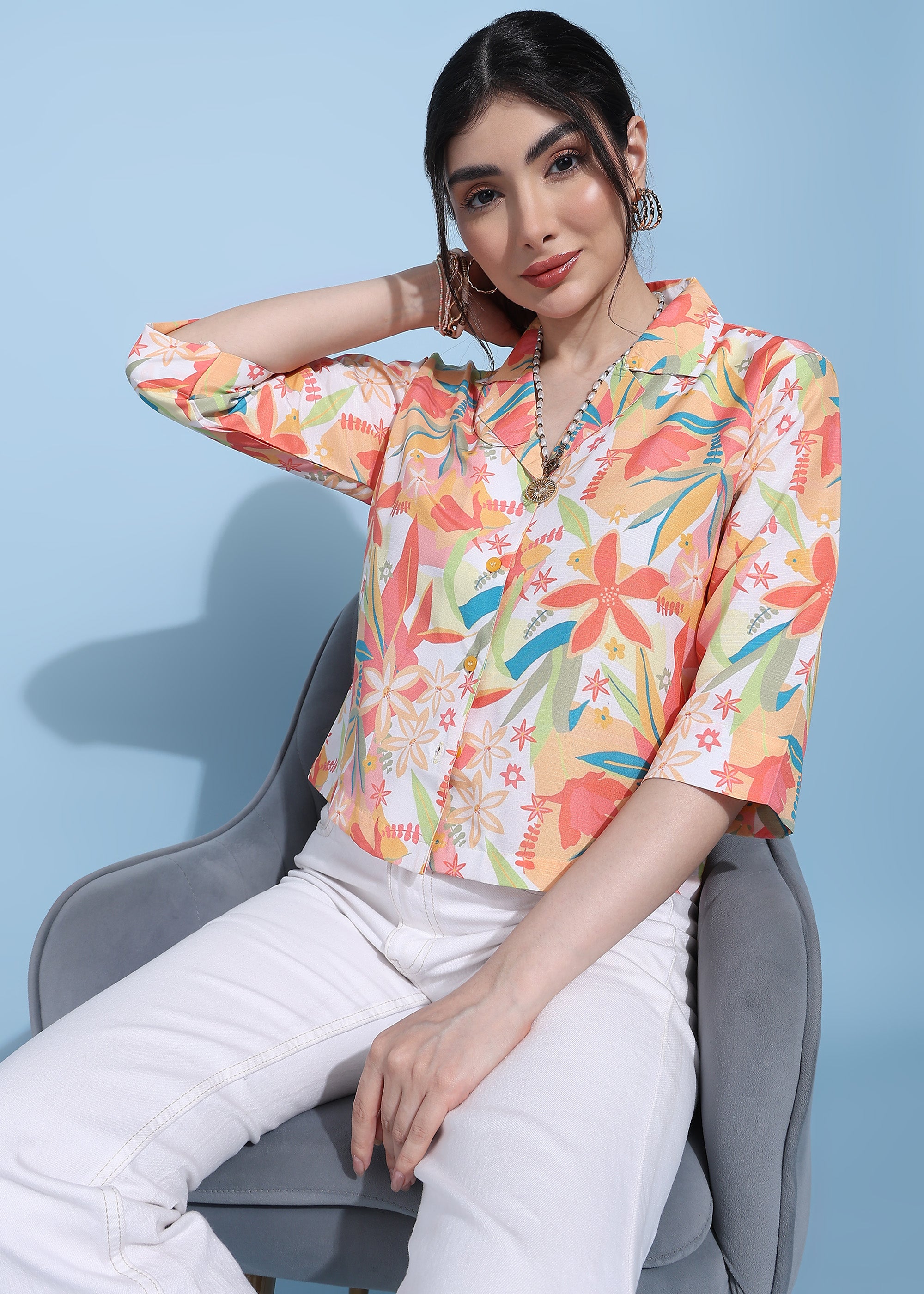Women Multicolor Floral Printed Half Sleeve Shirt Top