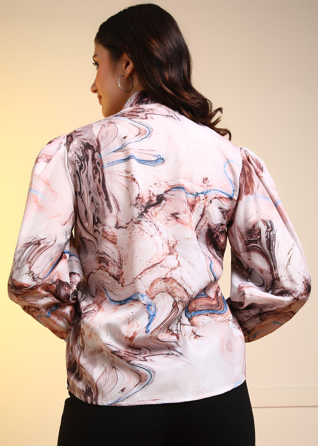 Women Beige Marble Printed Button-Down Long Sleeve Shirt Top