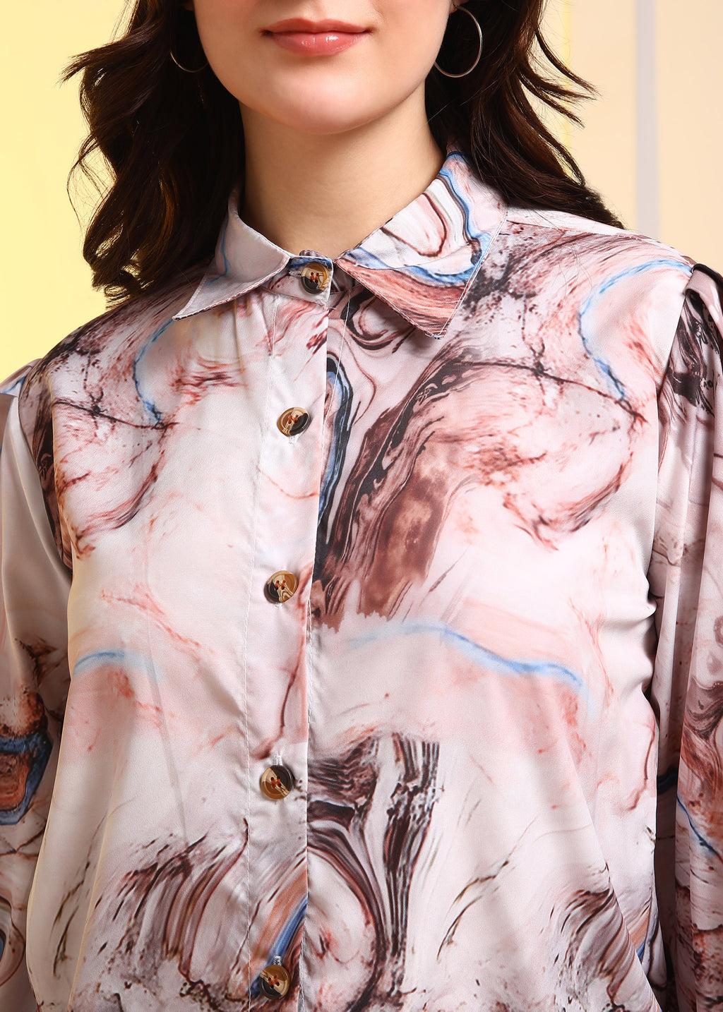 Women Beige Marble Printed Button-Down Long Sleeve Shirt Top