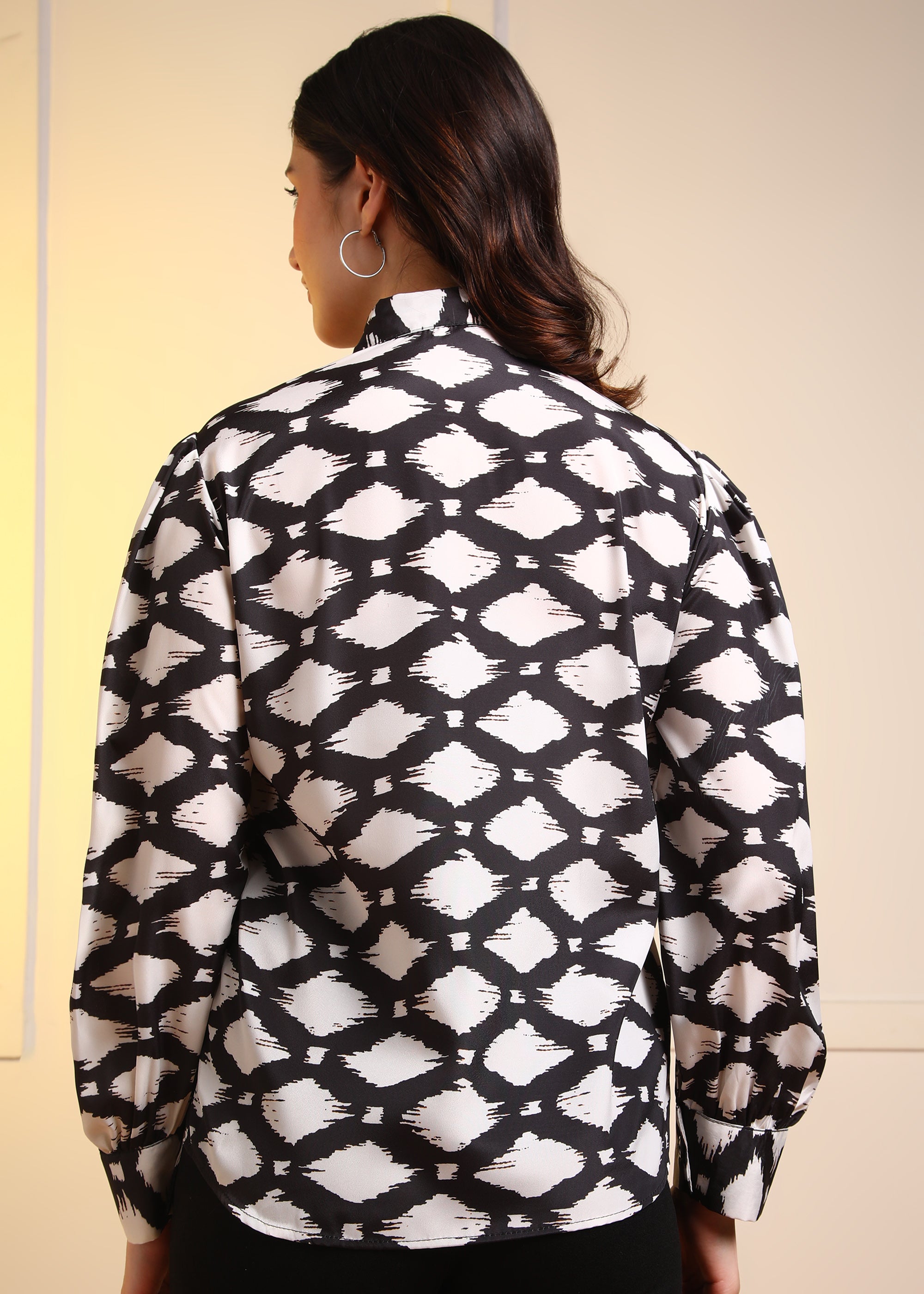 Women Black Marble Printed Button-Down Long Sleeve Shirt Top