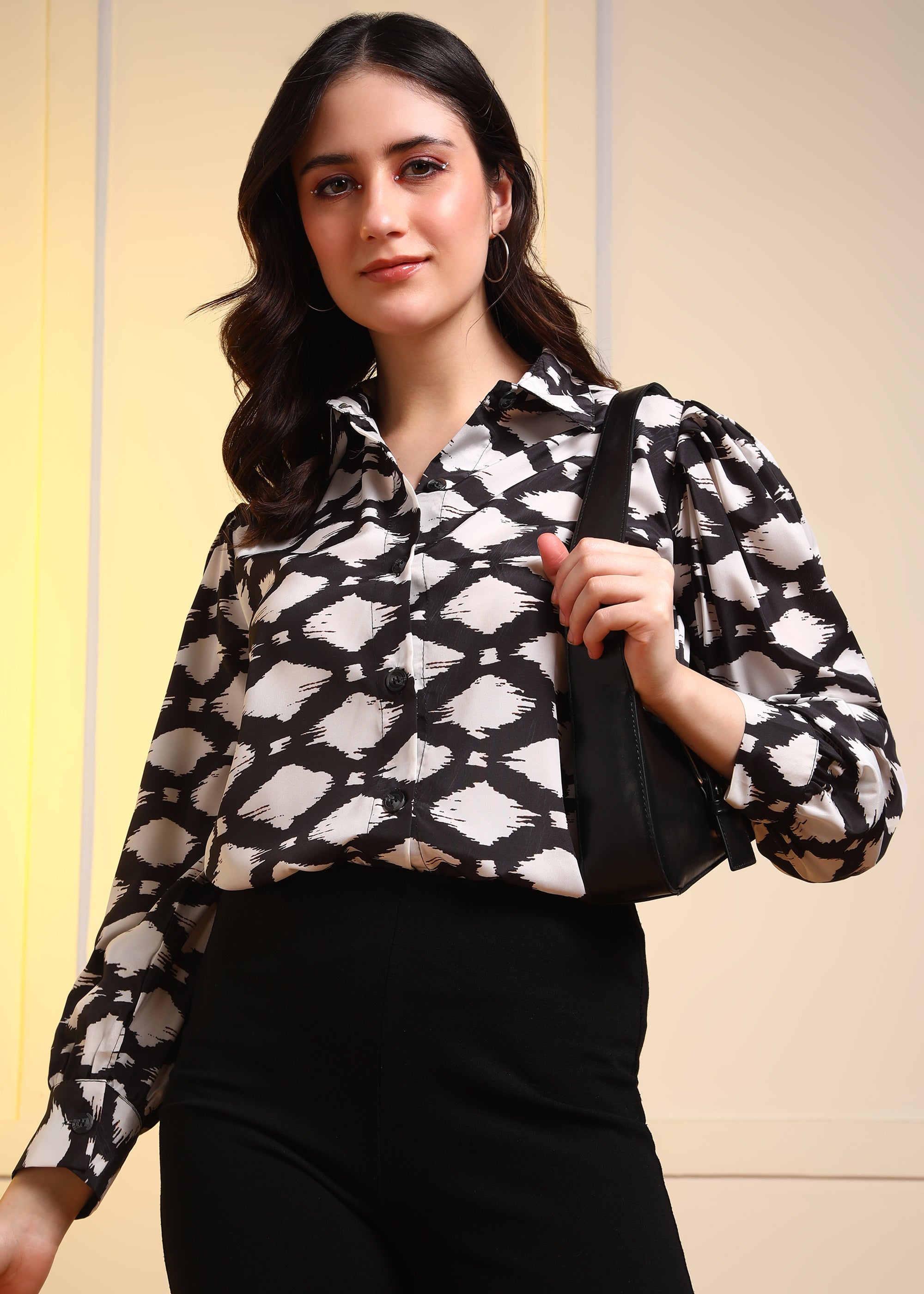Women Black Marble Printed Button-Down Long Sleeve Shirt Top