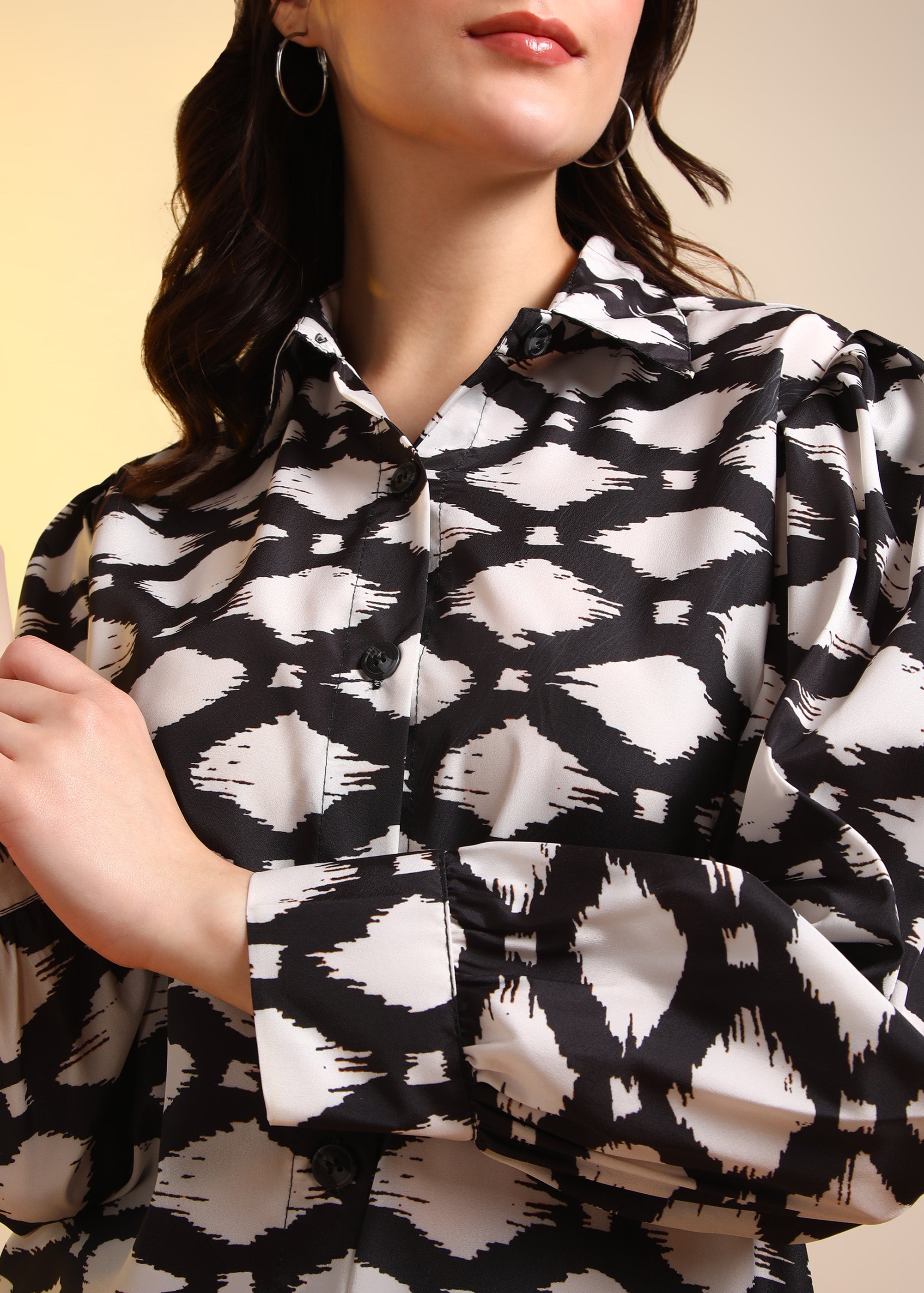 Women Black Marble Printed Button-Down Long Sleeve Shirt Top