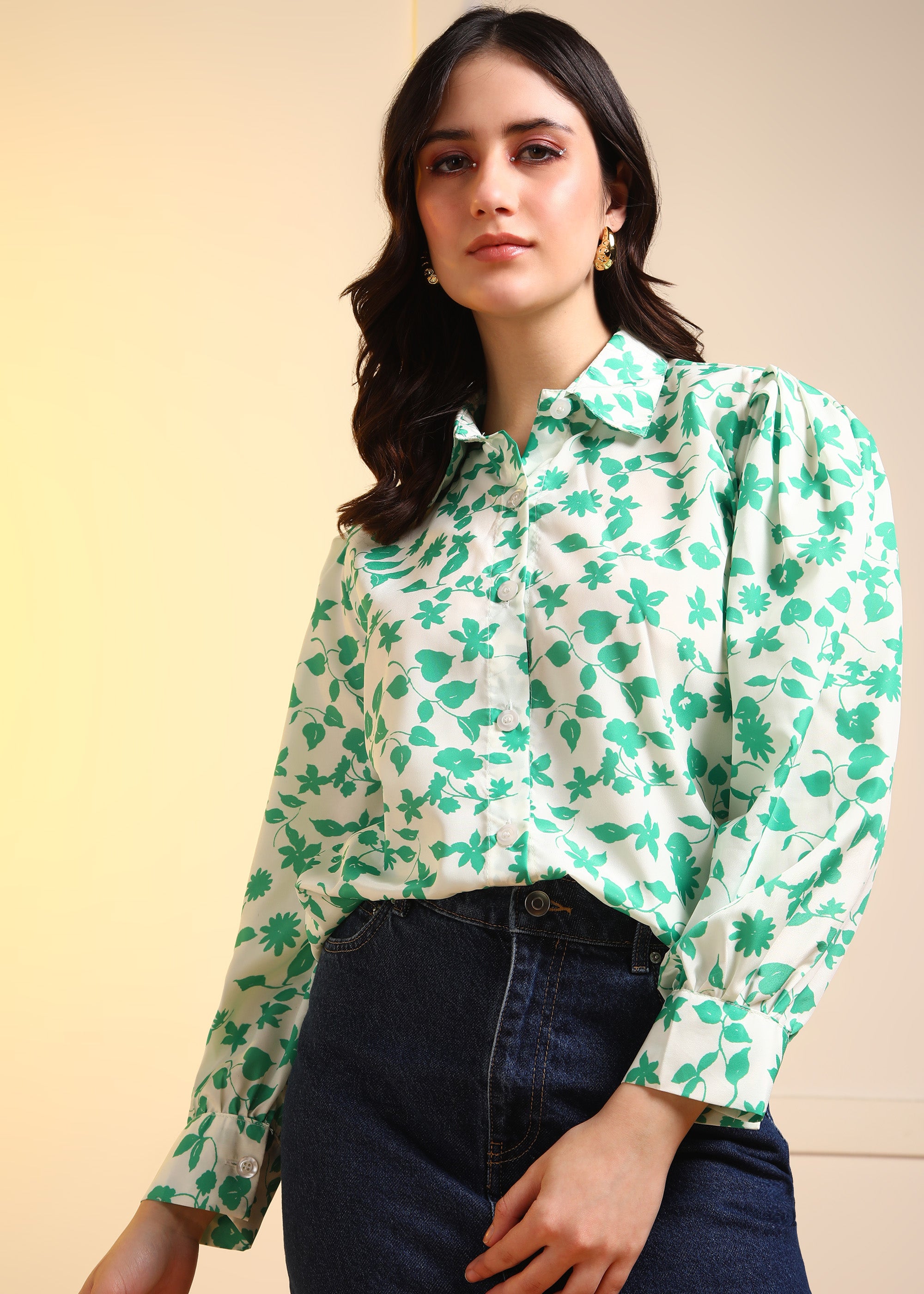 Women Green Marble Printed Button-Down Long Sleeve Shirt Top