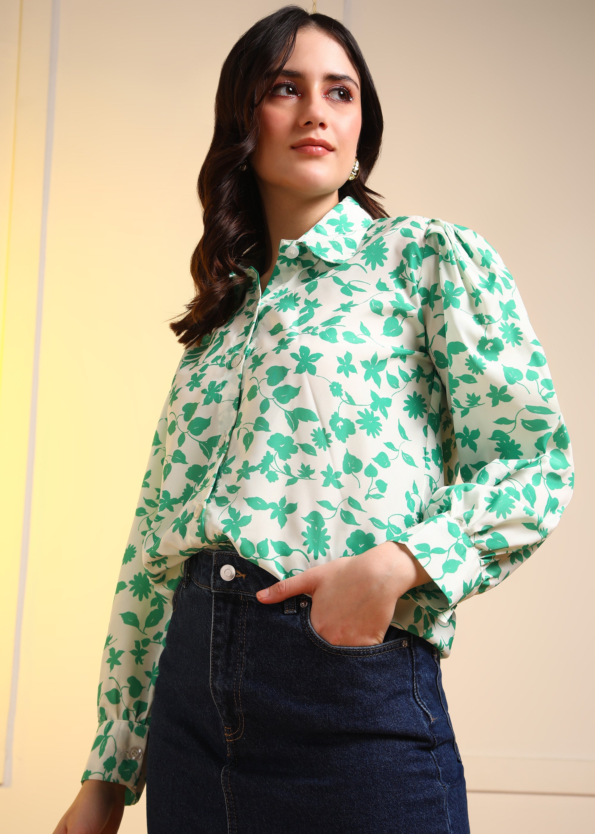 Women Green Marble Printed Button-Down Long Sleeve Shirt Top
