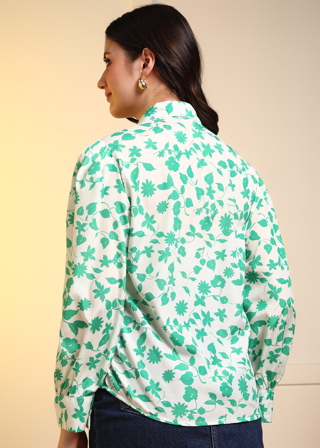 Women Green Marble Printed Button-Down Long Sleeve Shirt Top
