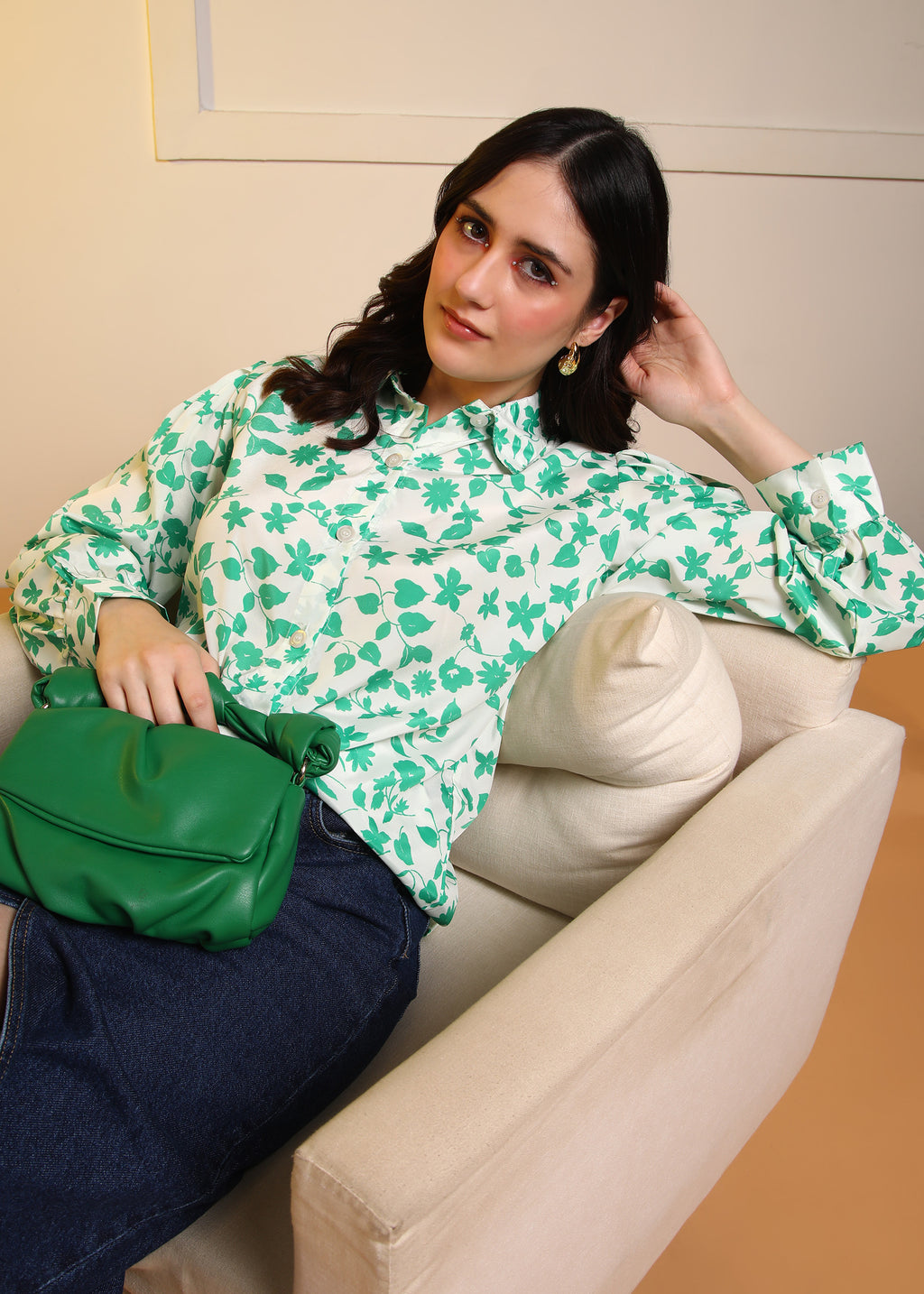 Women Green Marble Printed Button-Down Long Sleeve Shirt Top