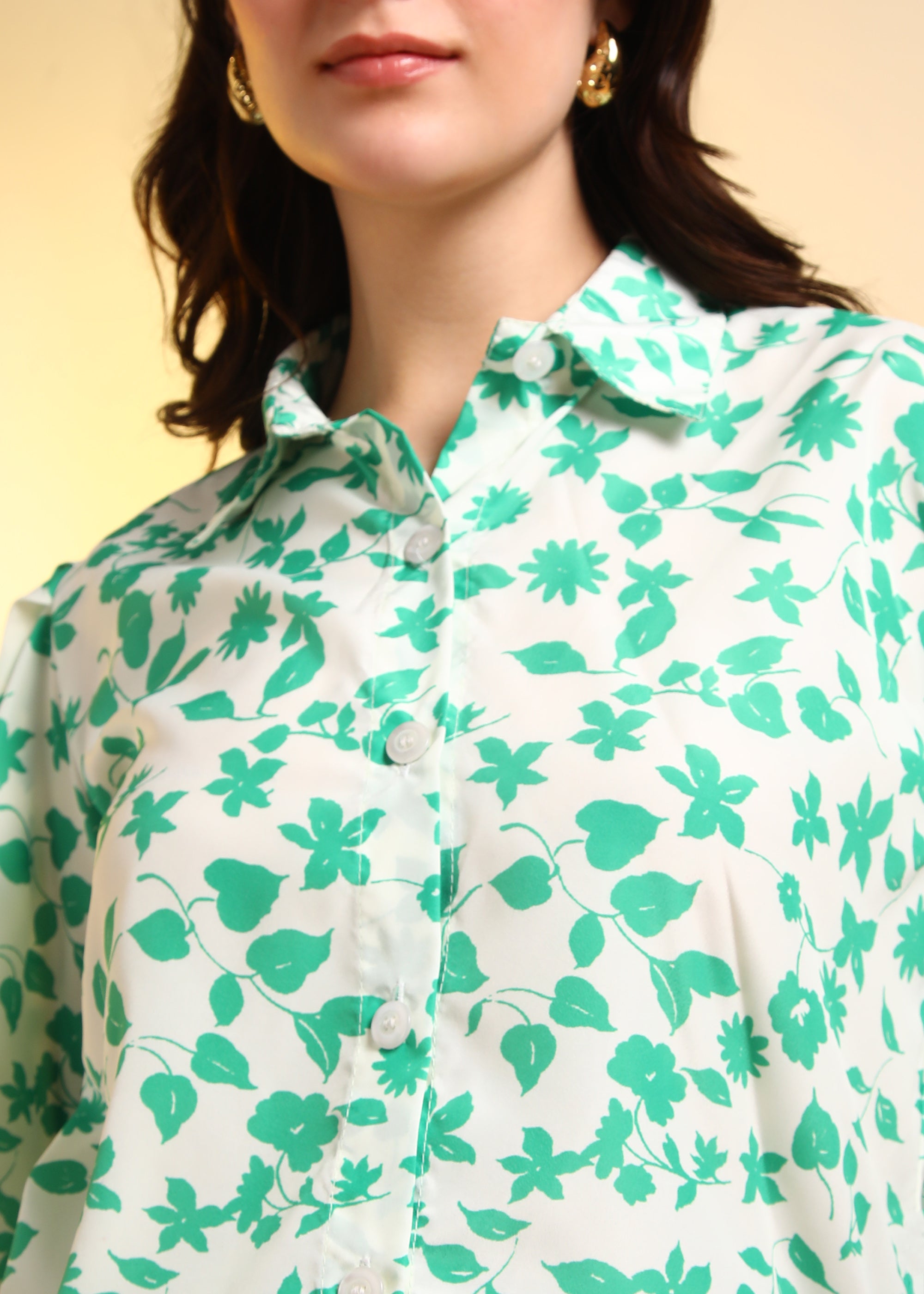 Women Green Marble Printed Button-Down Long Sleeve Shirt Top
