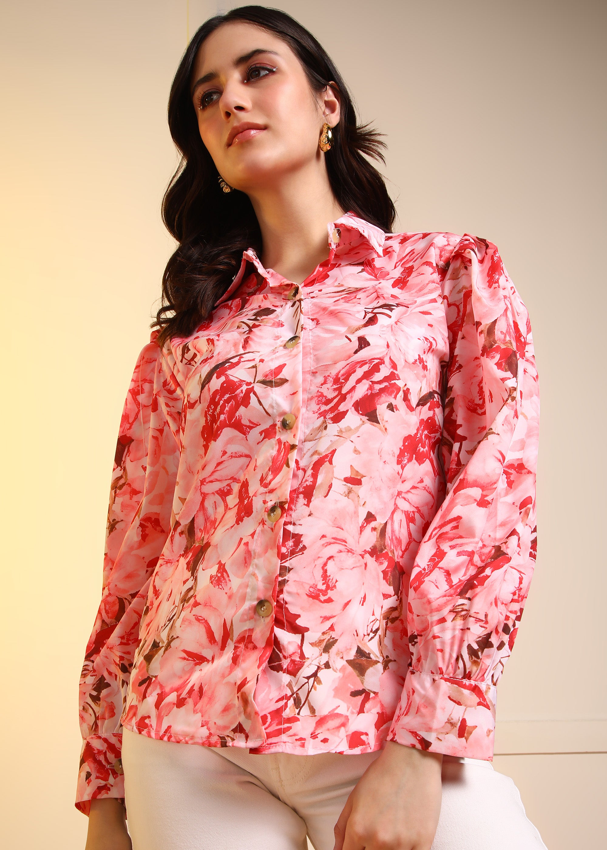 Women Pink Marble Printed Button-Down Long Sleeve Shirt Top
