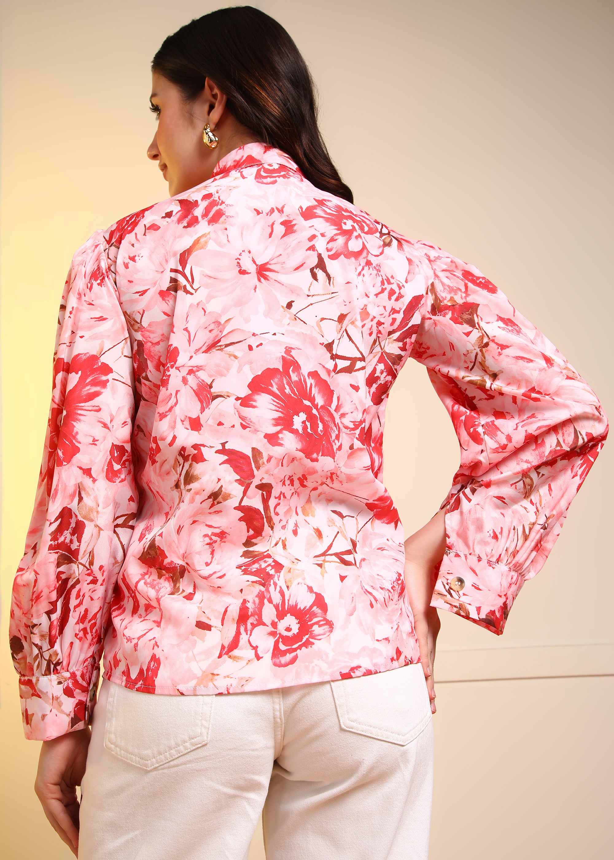 Women Pink Marble Printed Button-Down Long Sleeve Shirt Top