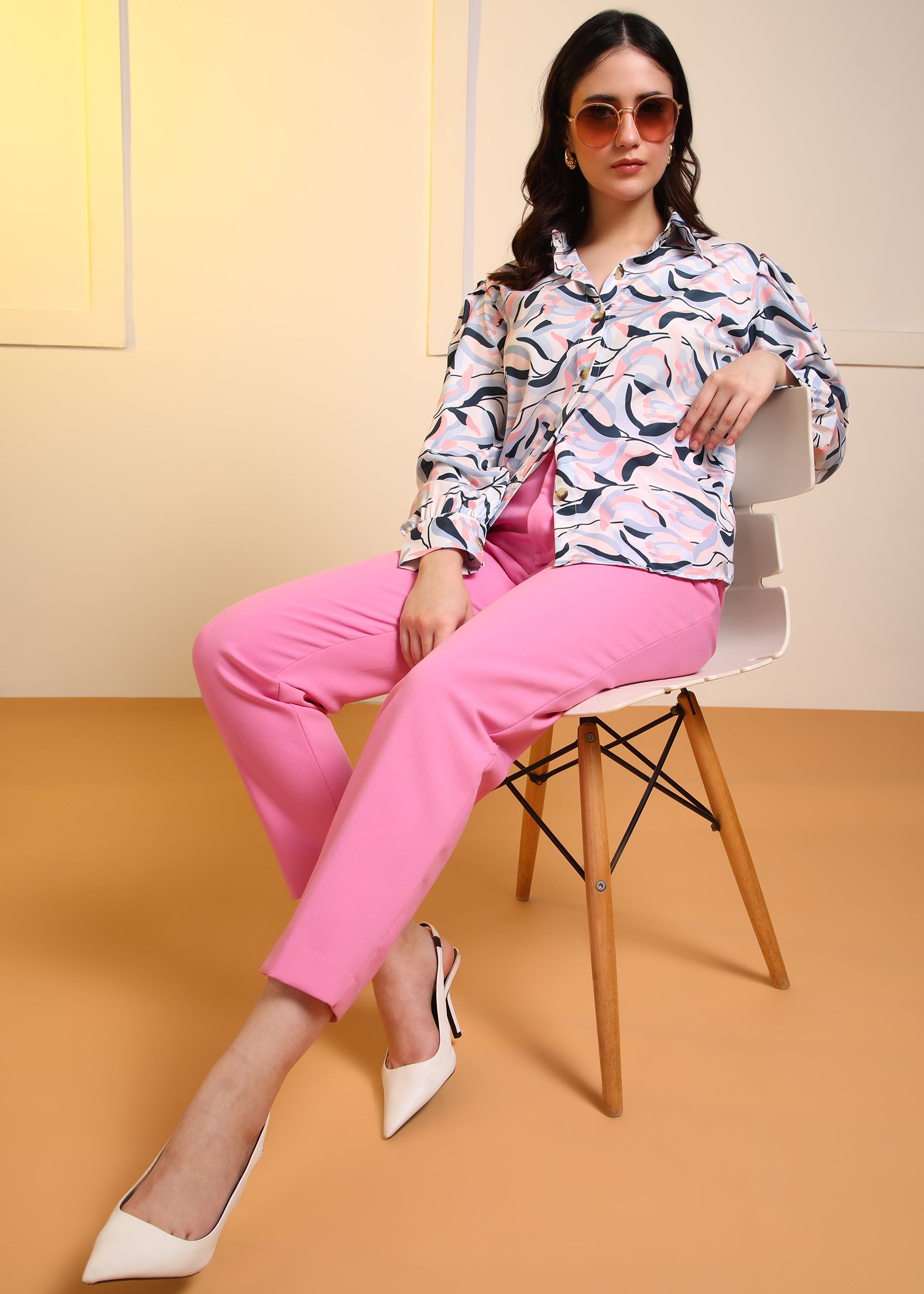 Women White Marble Printed Button-Down Long Sleeve Shirt Top