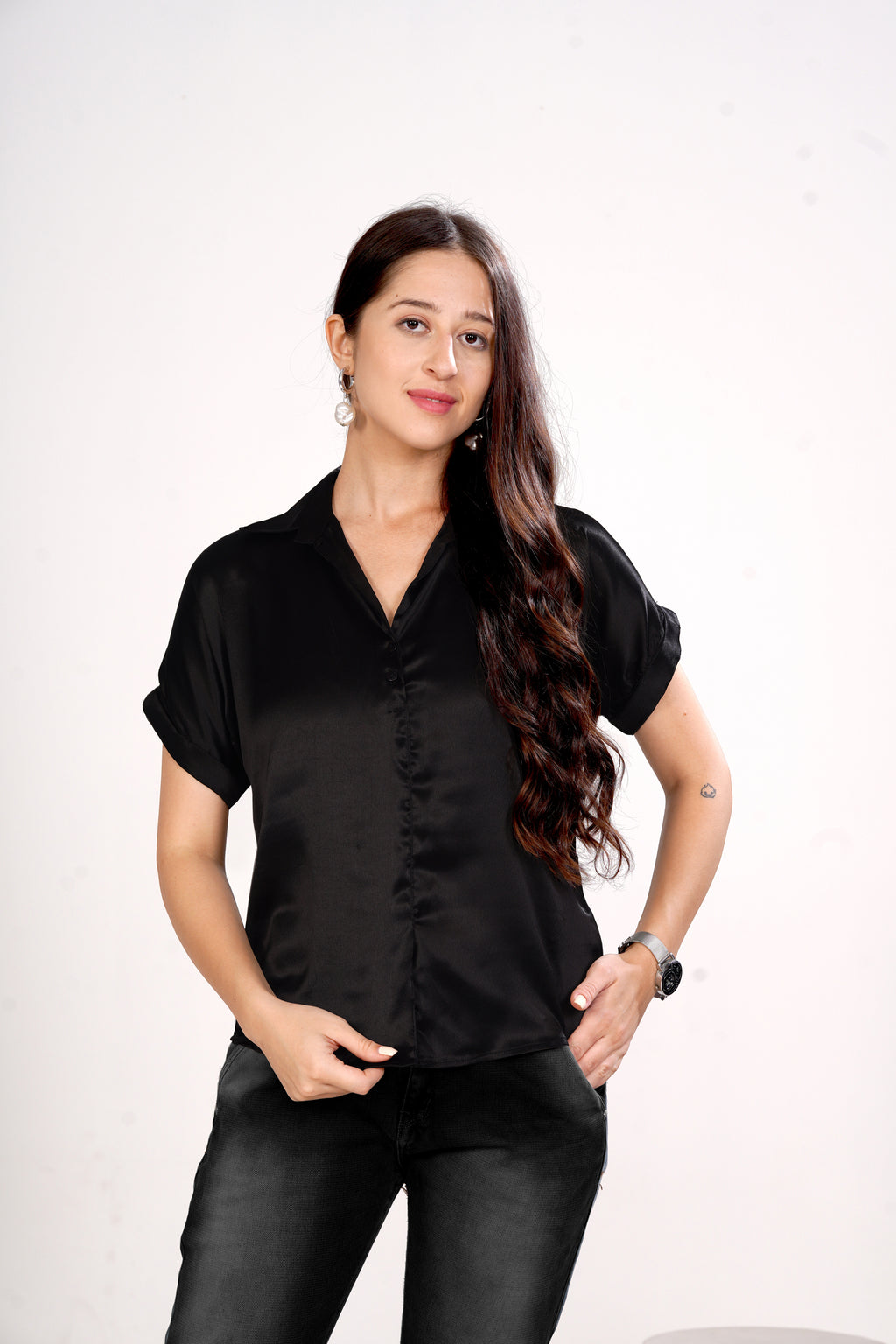 Women Black Satin Short Sleeve Button-Down Shirt Top