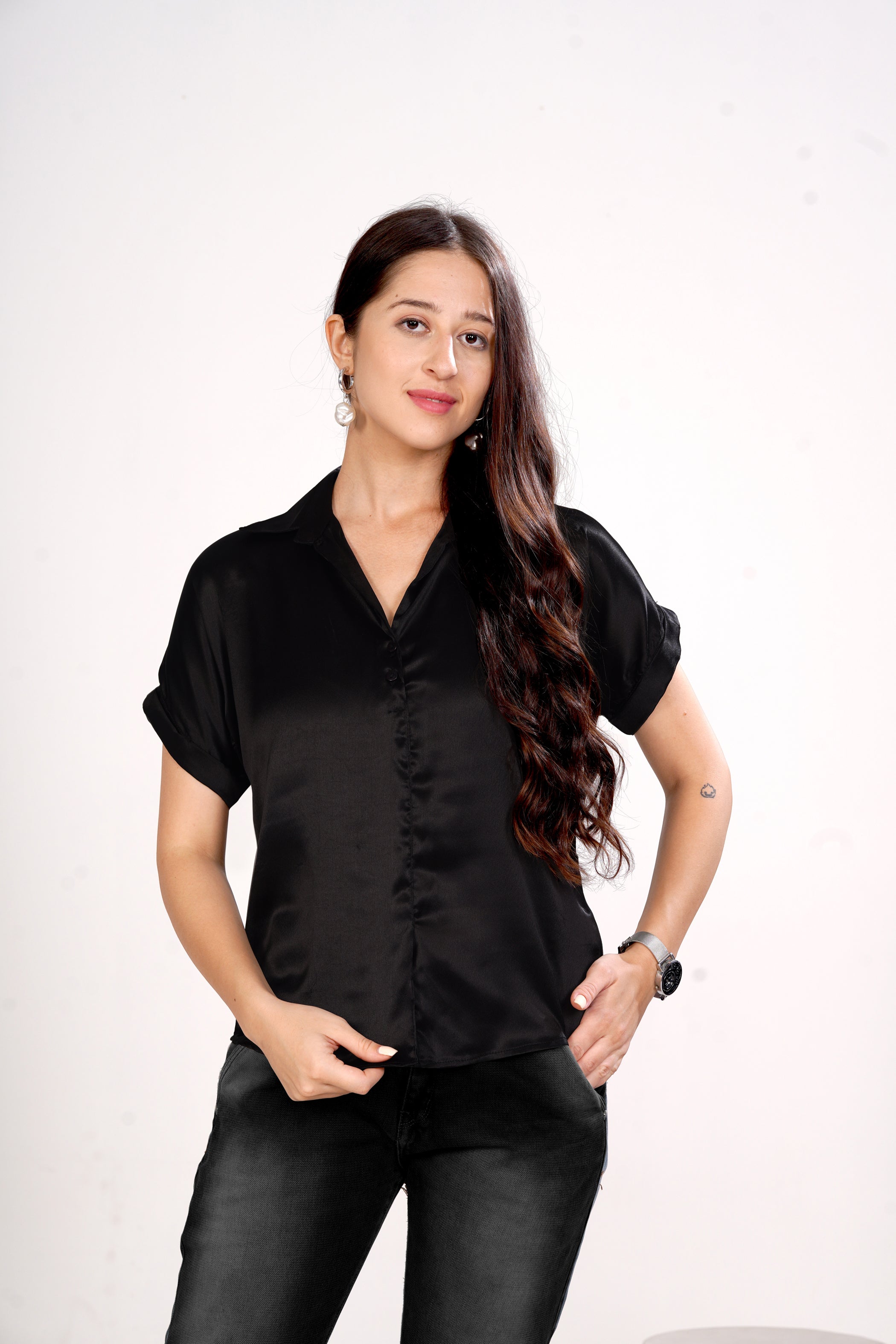 Women Black Satin Short Sleeve Button-Down Shirt Top