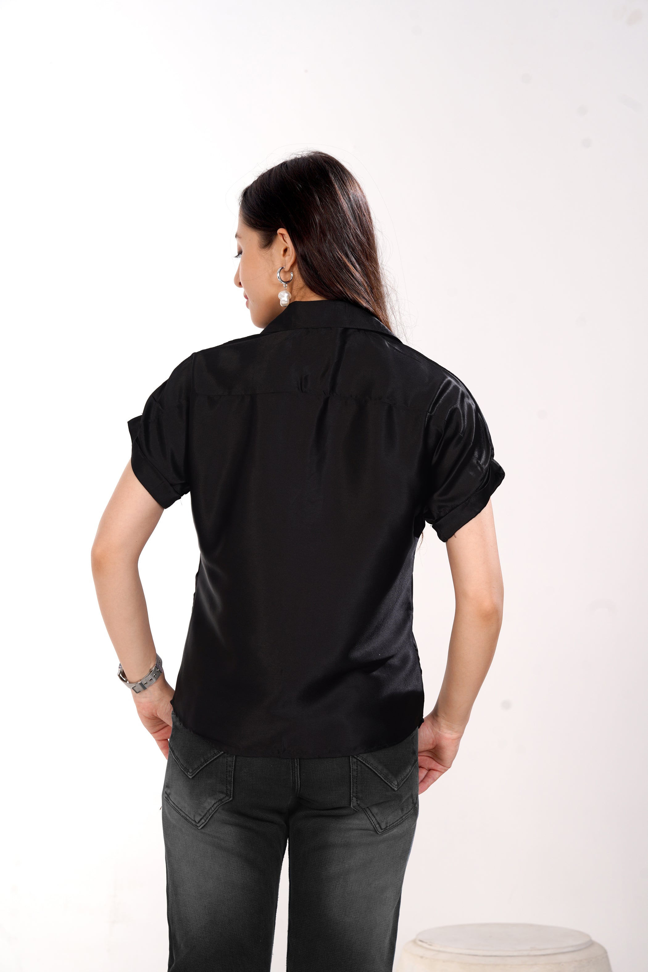 Women Black Satin Short Sleeve Button-Down Shirt Top