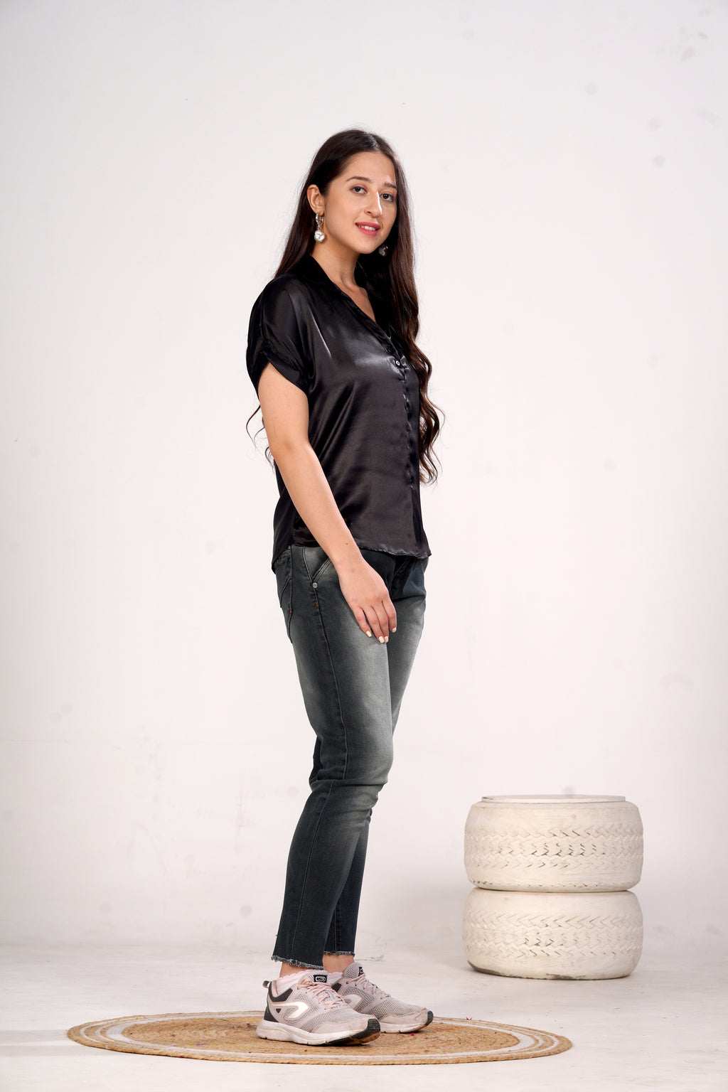 Women Black Satin Short Sleeve Button-Down Shirt Top