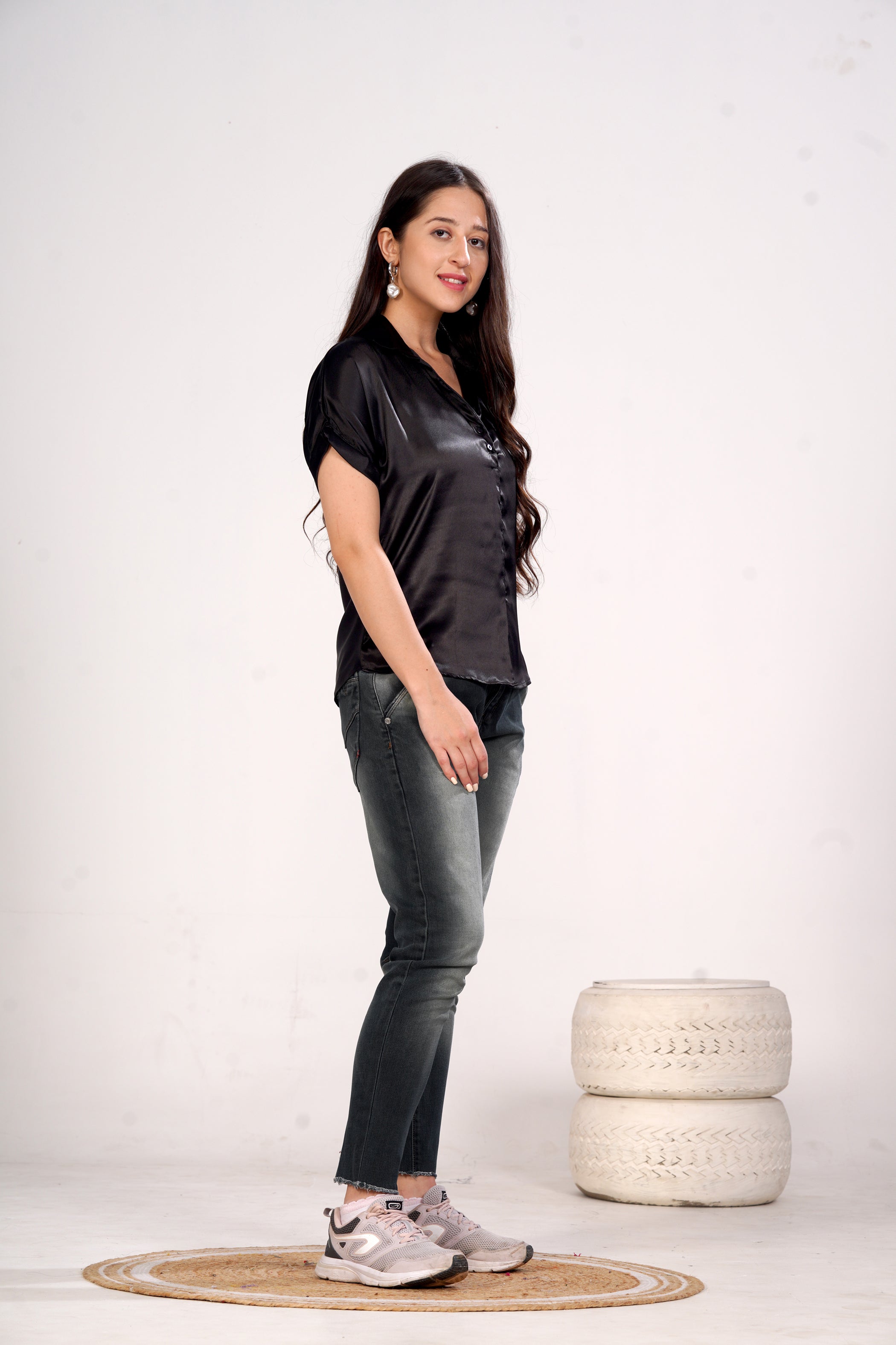 Women Black Satin Short Sleeve Button-Down Shirt Top