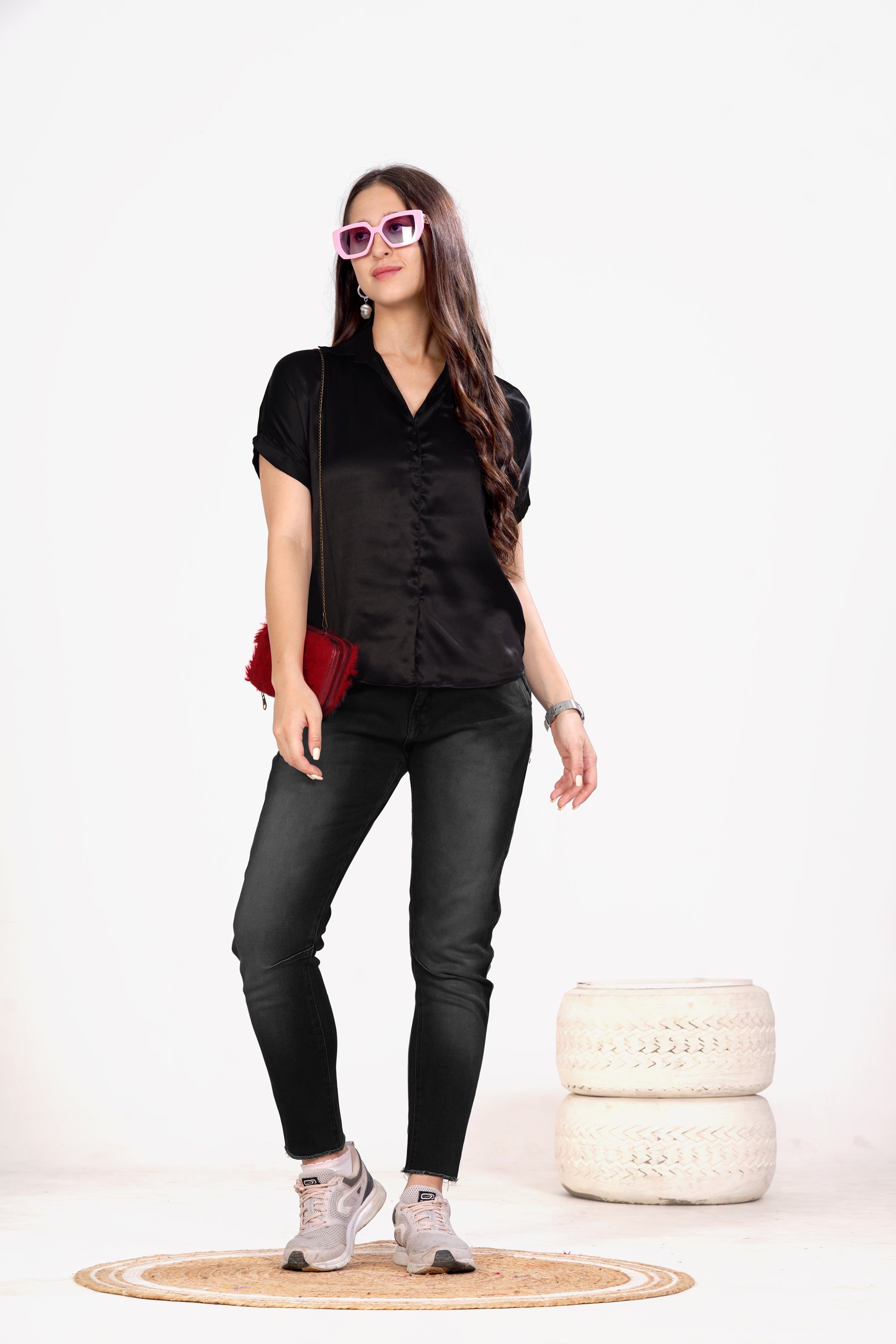 Women Black Satin Short Sleeve Button-Down Shirt Top