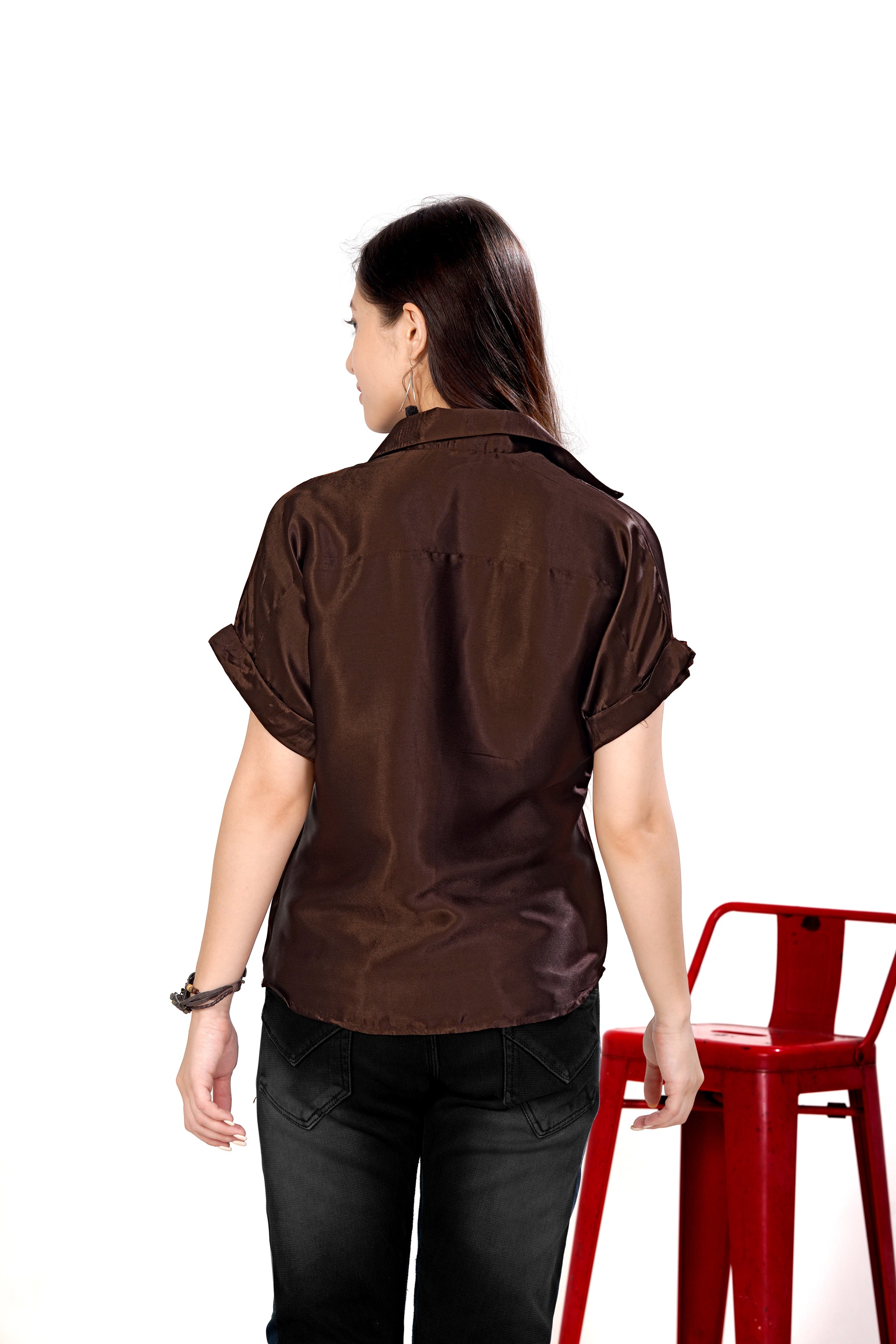 Women Brown Satin Short Sleeve Button-Down Shirt Top
