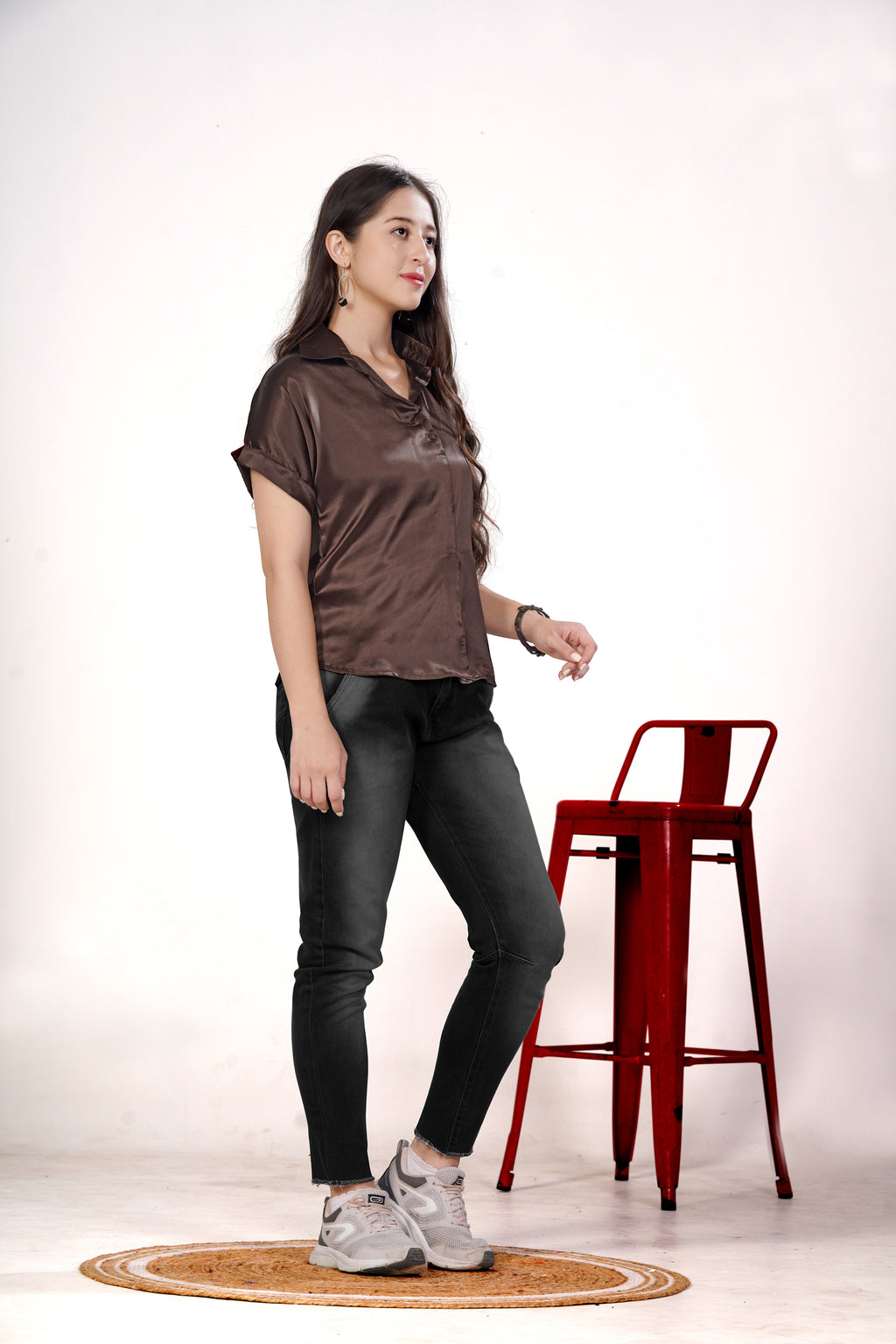 Women Brown Satin Short Sleeve Button-Down Shirt Top