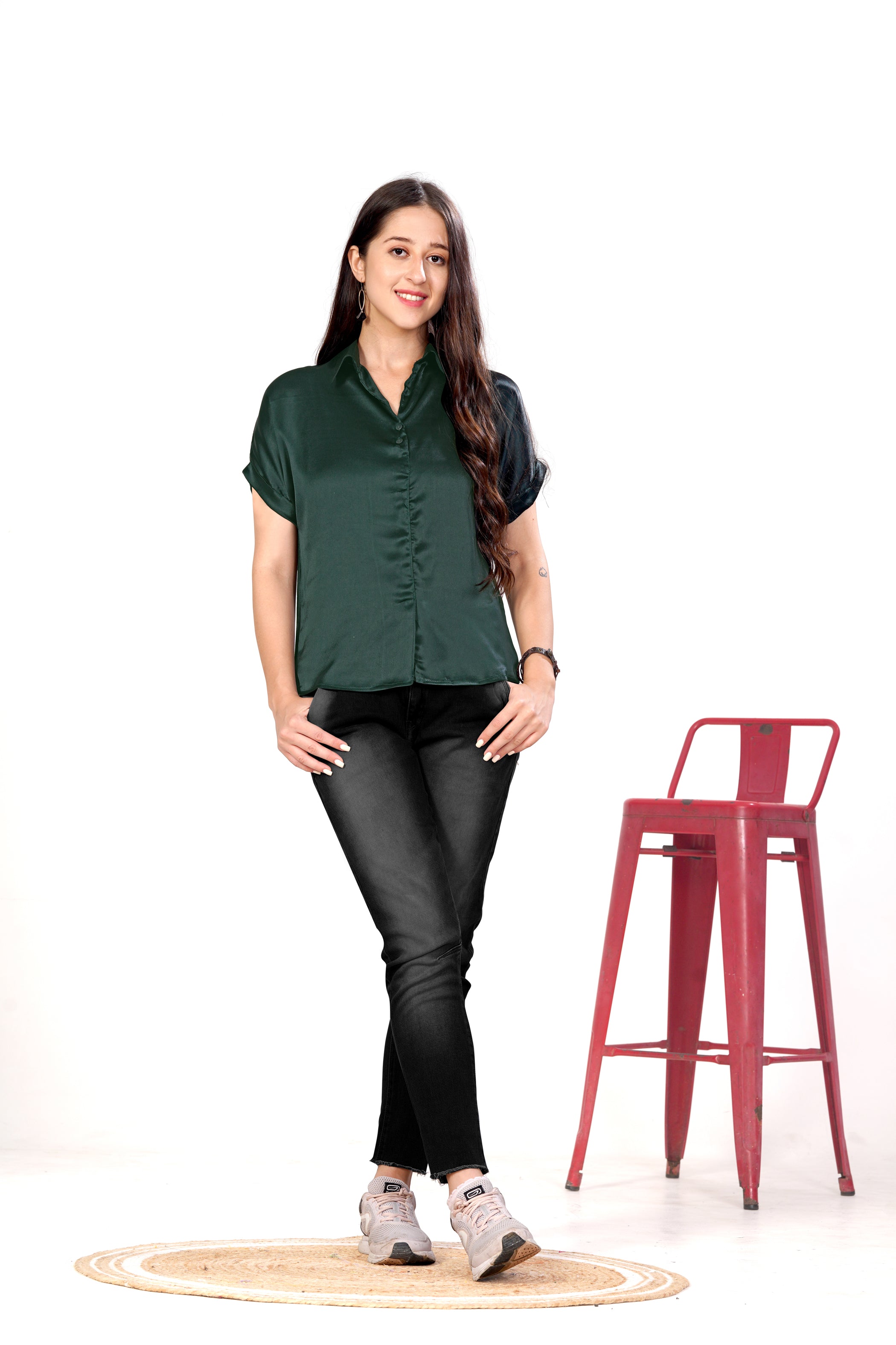 Women Green Satin Short Sleeve Button-Down Shirt Top