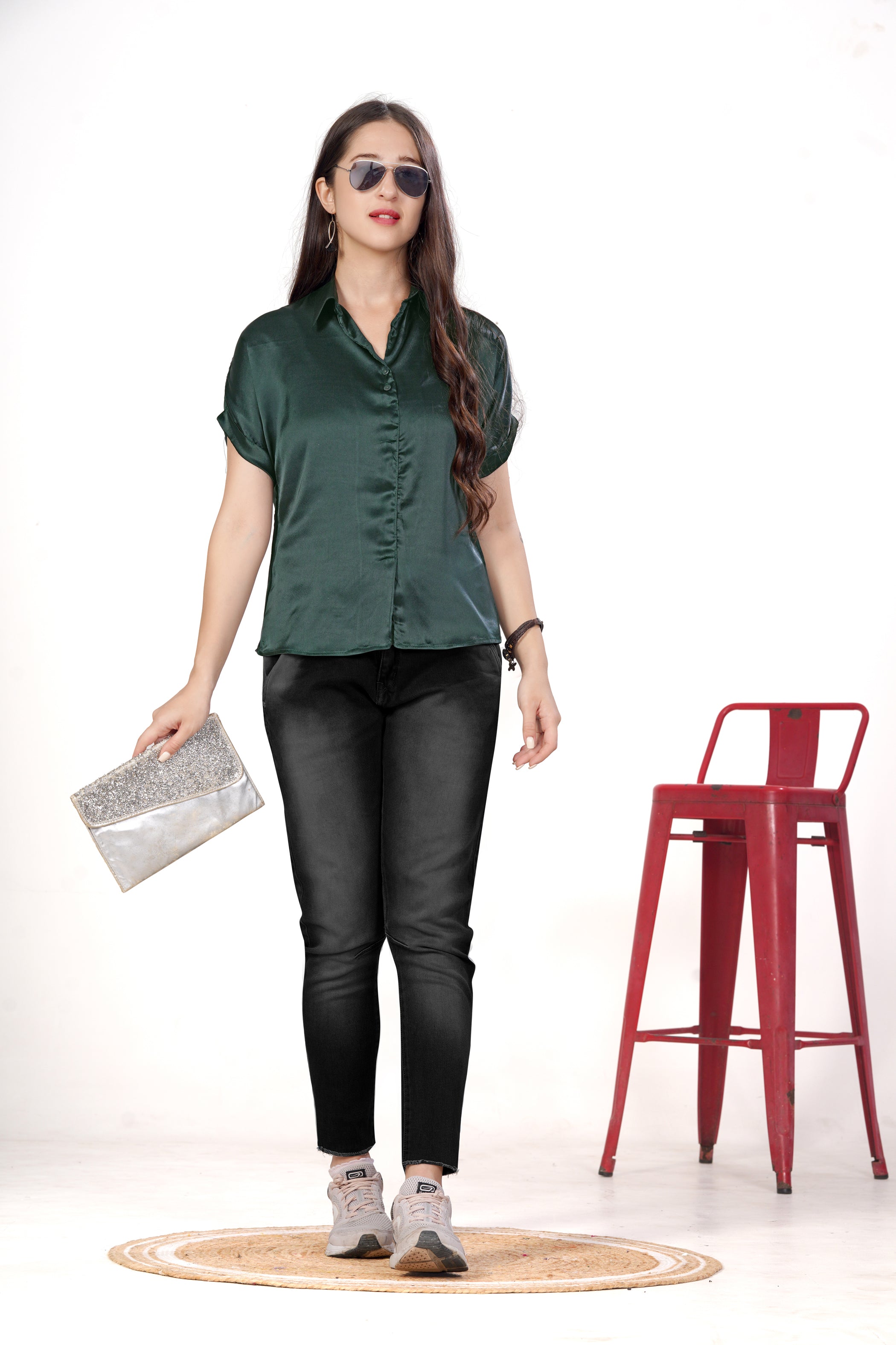 Women Green Satin Short Sleeve Button-Down Shirt Top