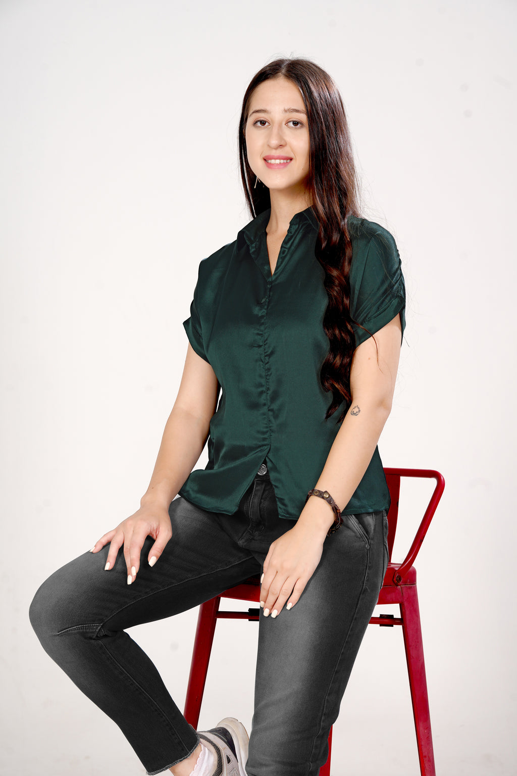Women Green Satin Short Sleeve Button-Down Shirt Top