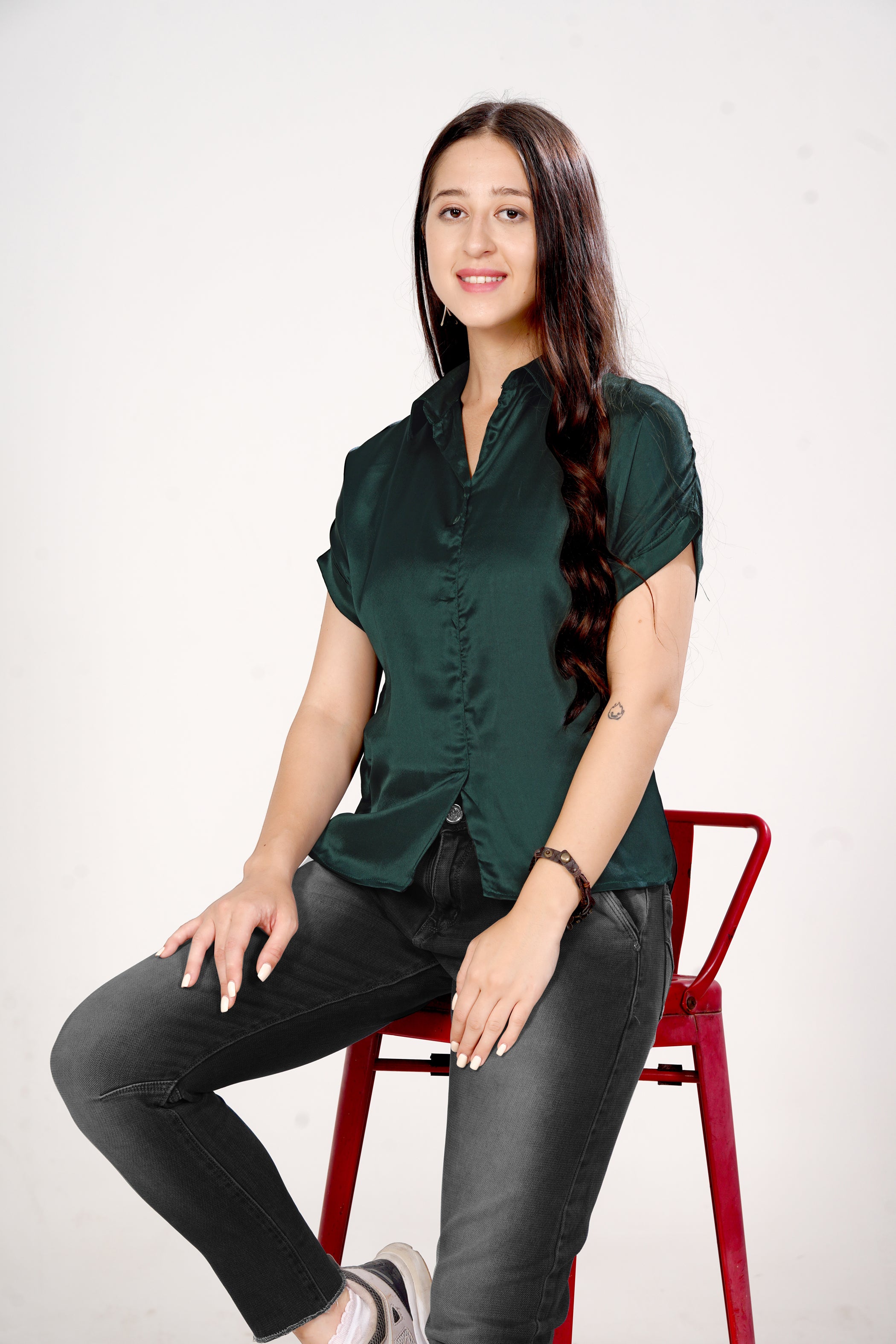Women Green Satin Short Sleeve Button-Down Shirt Top