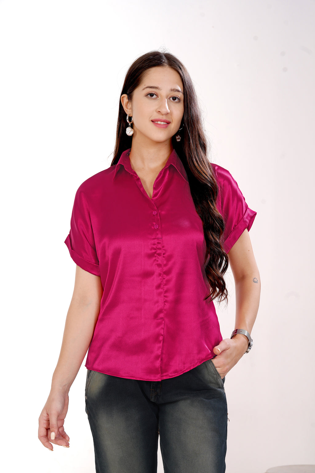 Women Pink Satin Short Sleeve Button-Down Shirt Top