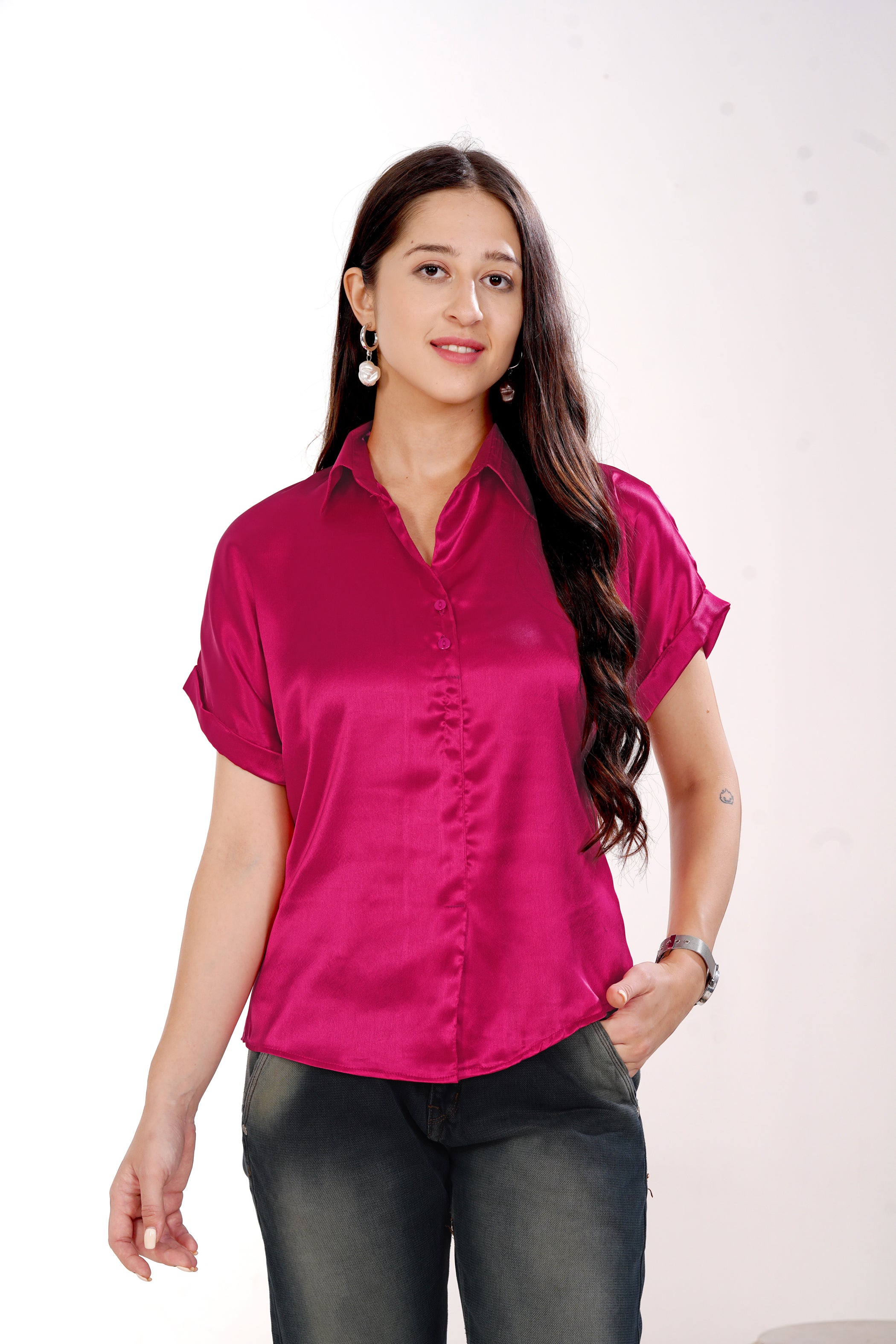 Women Pink Satin Short Sleeve Button-Down Shirt Top