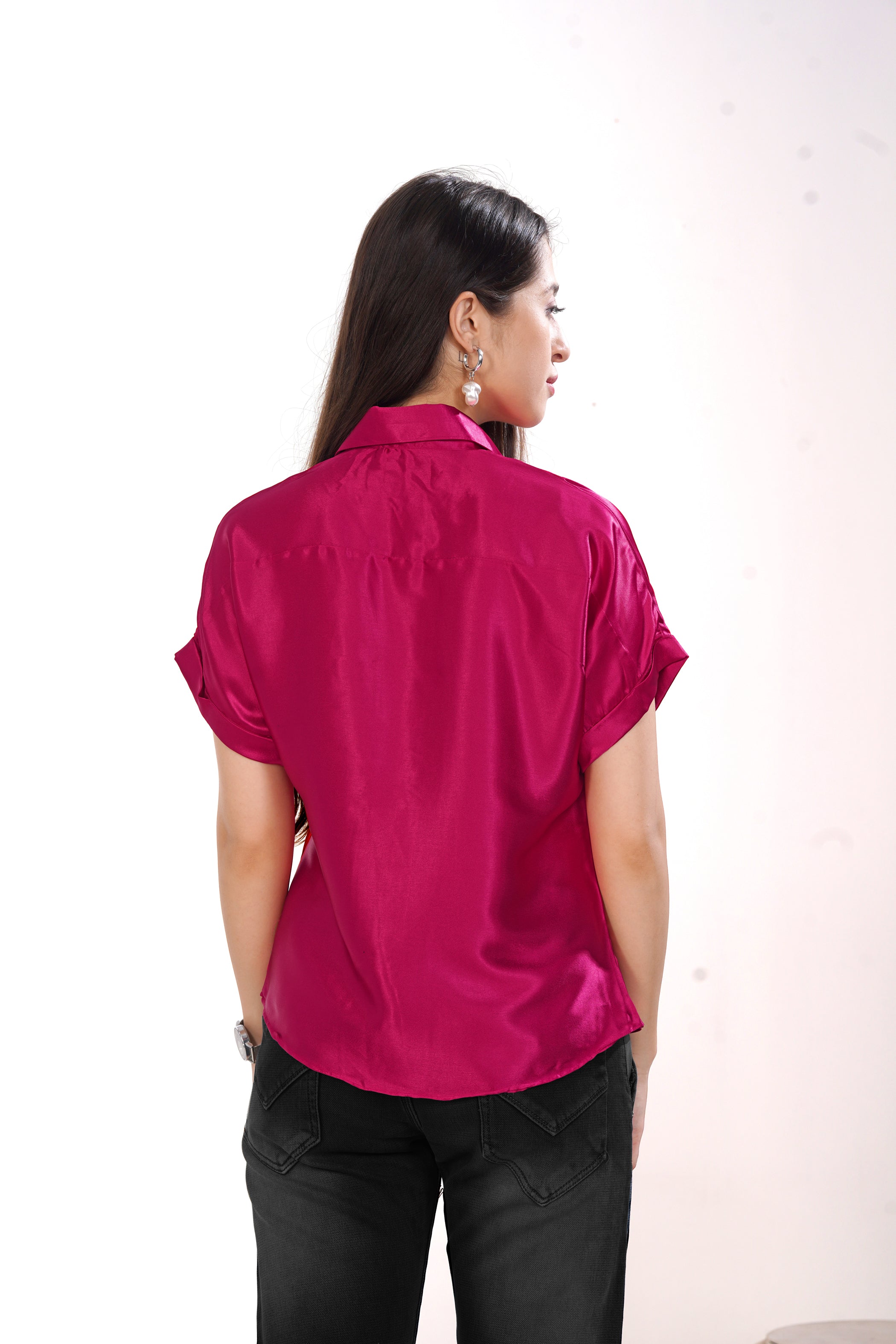 Women Pink Satin Short Sleeve Button-Down Shirt Top