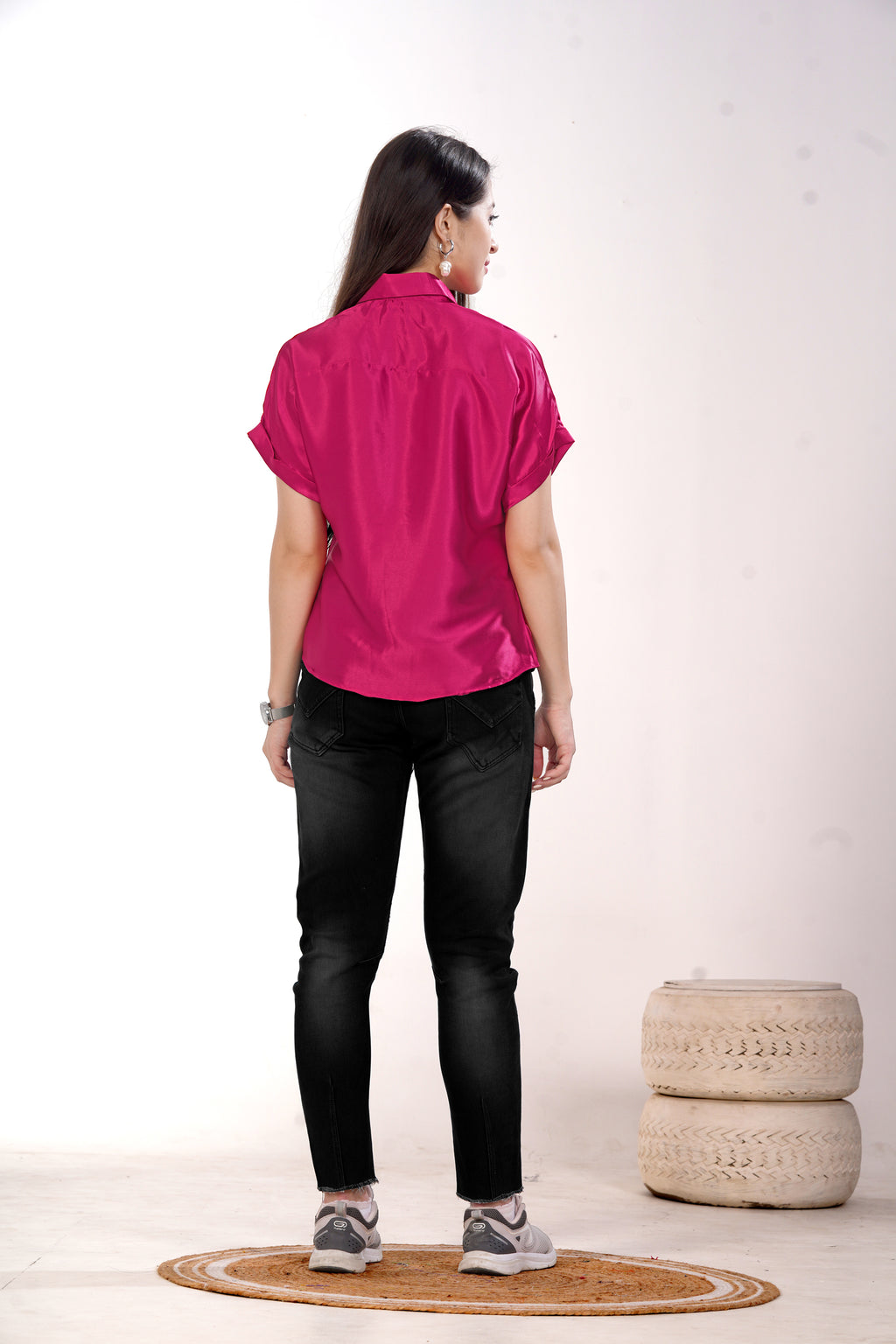 Women Pink Satin Short Sleeve Button-Down Shirt Top