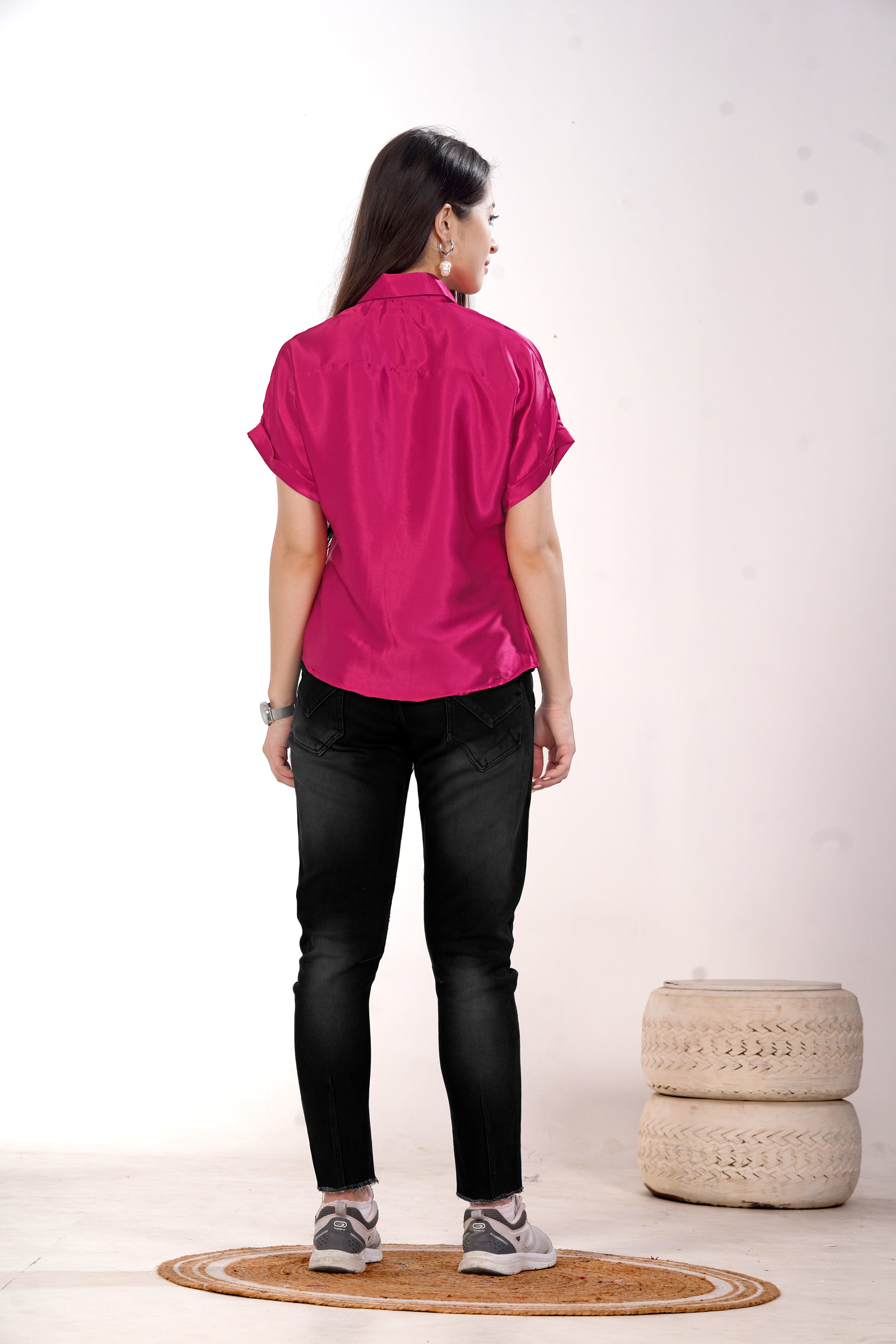 Women Pink Satin Short Sleeve Button-Down Shirt Top