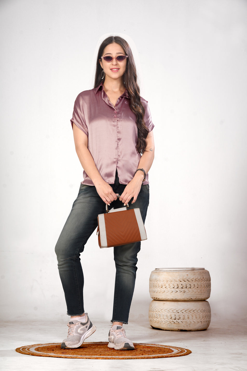 Women Purple Satin Short Sleeve Button-Down Shirt Top